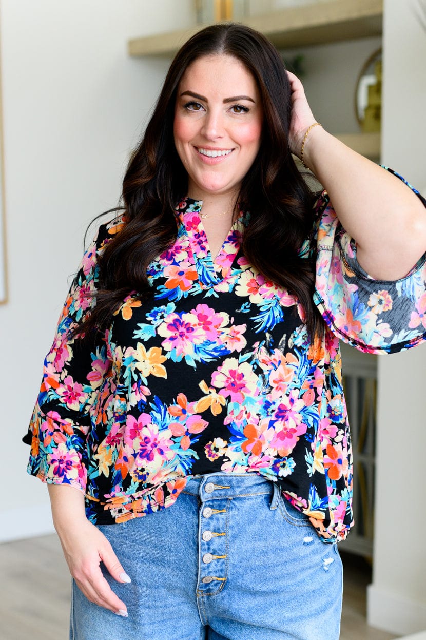 Lizzy Bell Sleeve Top Black and Teal Tropical Floral-Tops-Stay Foxy Boutique, Florissant, Missouri