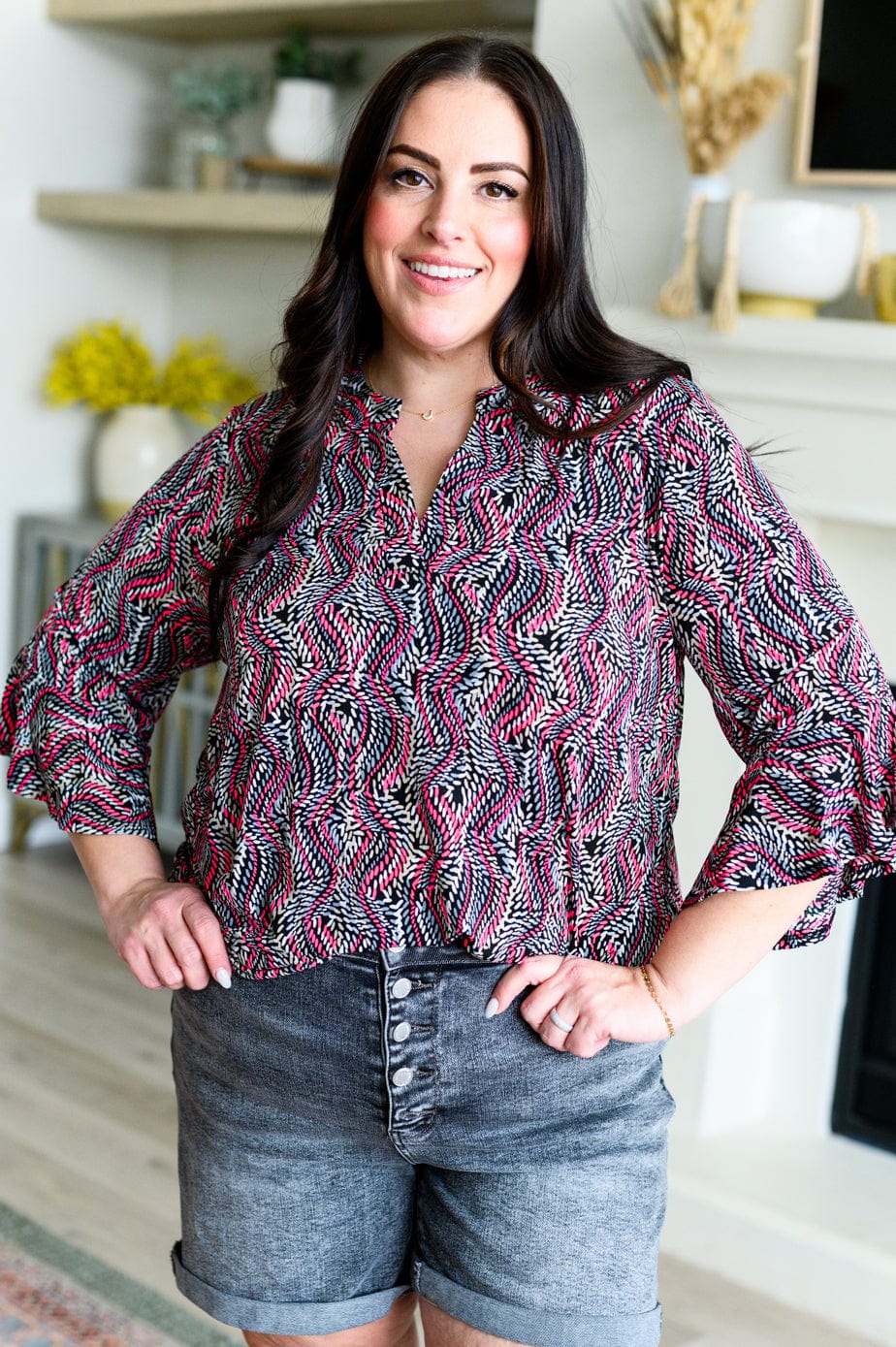 Lizzy Bell Sleeve Top in Black and Pink Rope-Tops-Stay Foxy Boutique, Florissant, Missouri