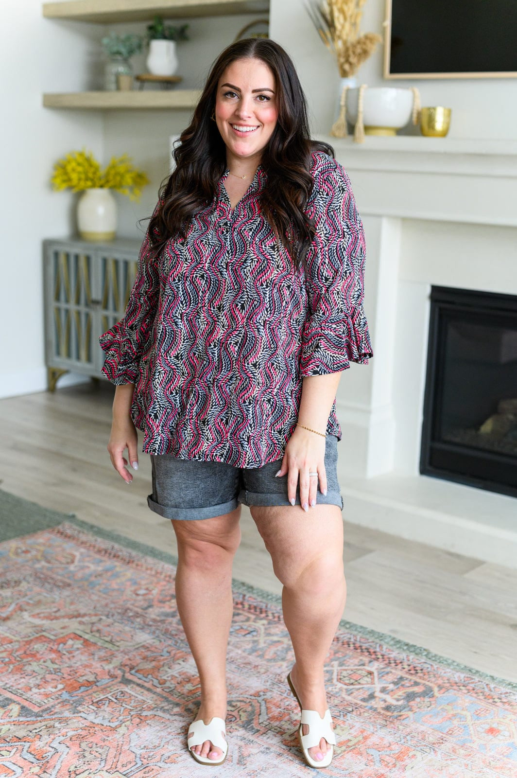 Lizzy Bell Sleeve Top in Black and Pink Rope-Tops-Stay Foxy Boutique, Florissant, Missouri