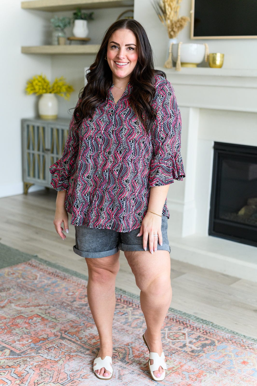 Lizzy Bell Sleeve Top in Black and Pink Rope-Tops-Stay Foxy Boutique, Florissant, Missouri