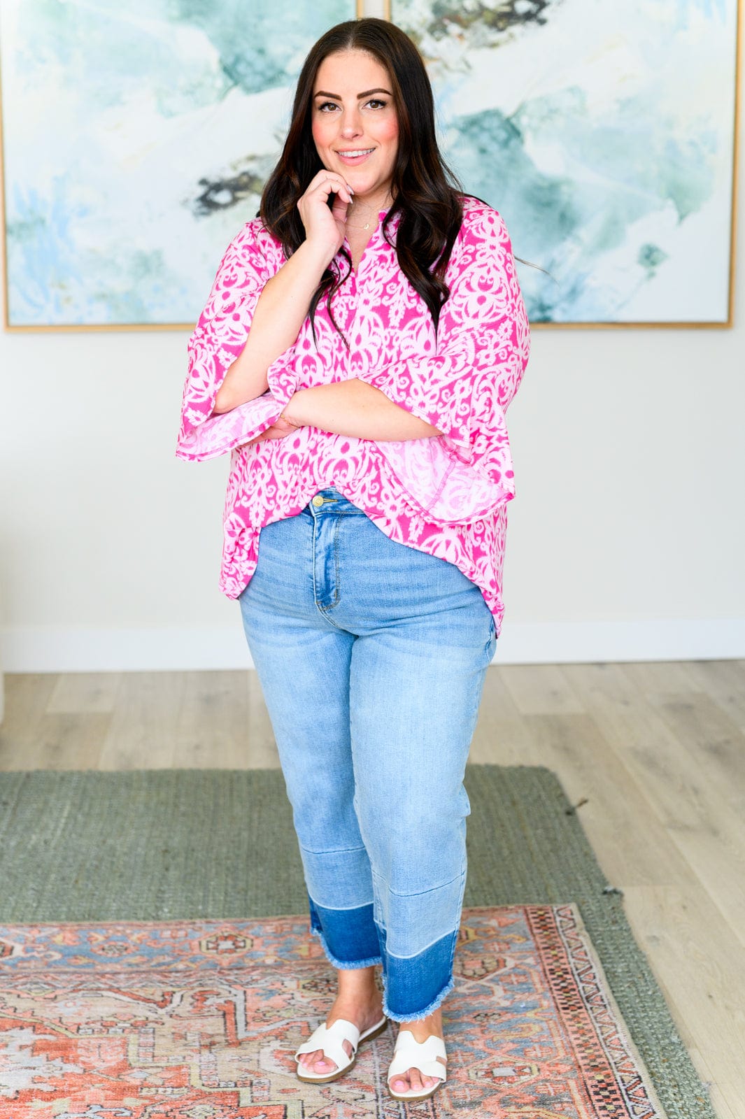 Lizzy Bell Sleeve Top in Hot Pink Damask-Tops-Stay Foxy Boutique, Florissant, Missouri