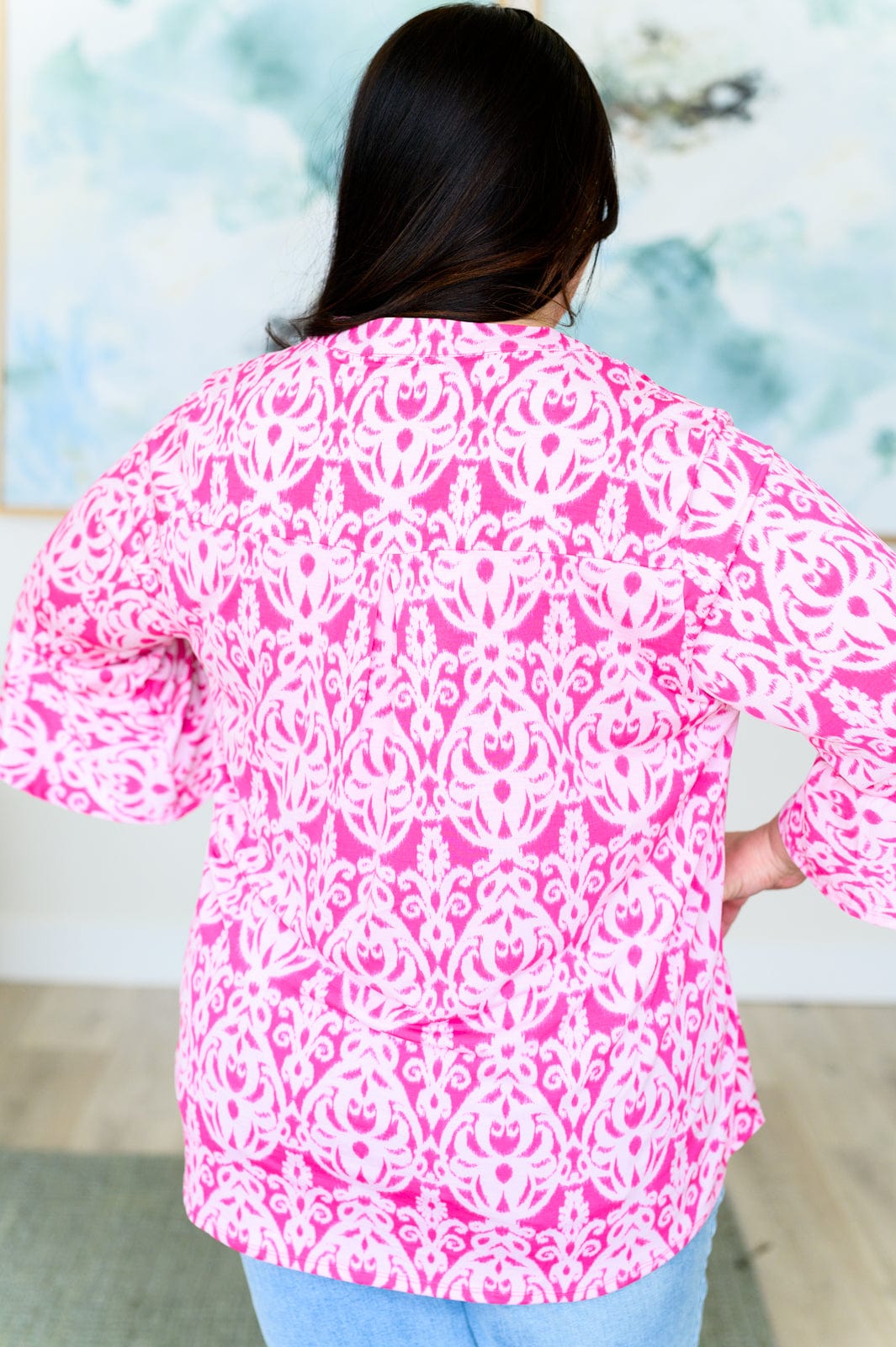 Lizzy Bell Sleeve Top in Hot Pink Damask-Tops-Stay Foxy Boutique, Florissant, Missouri