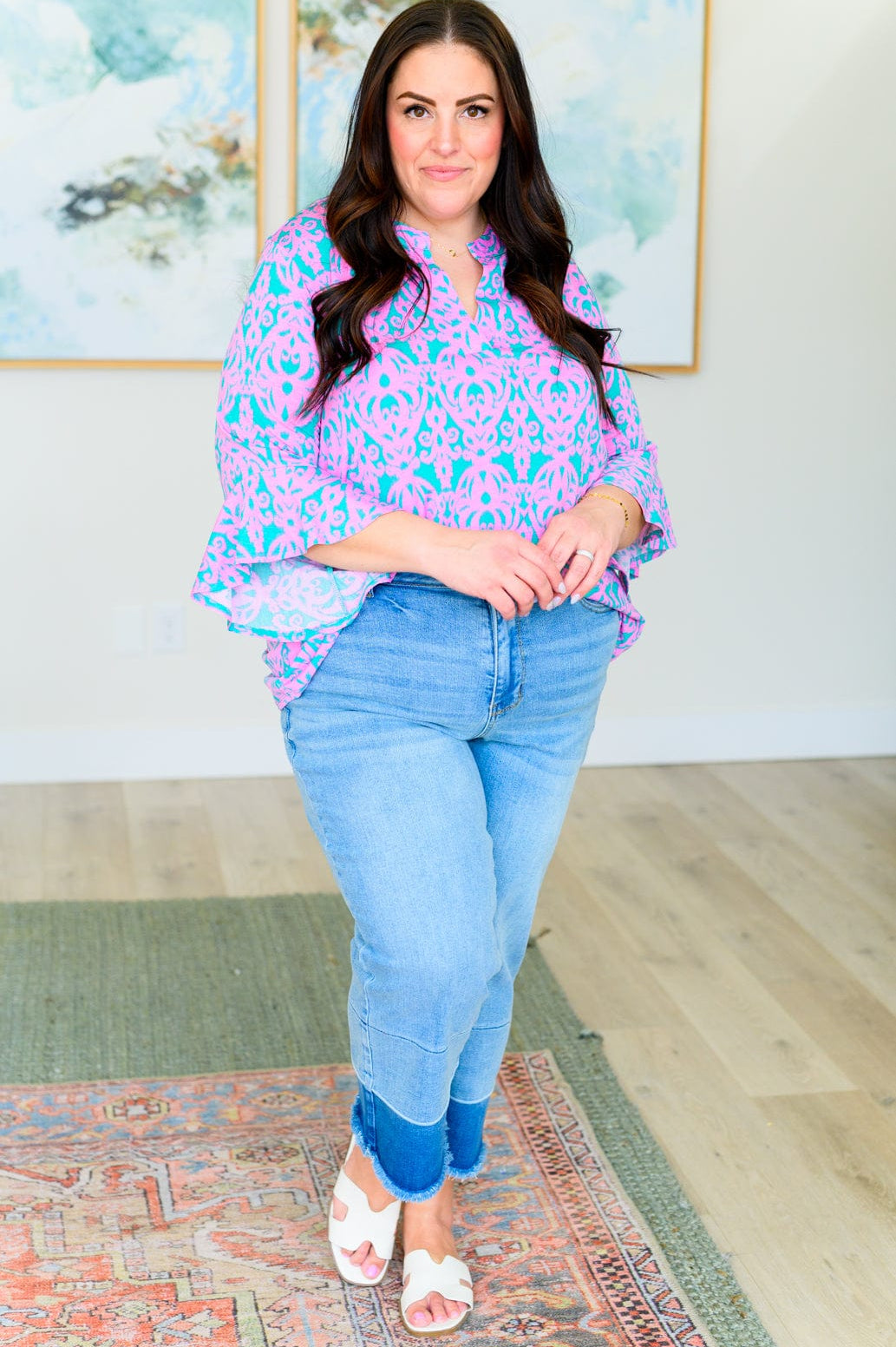 Lizzy Bell Sleeve Top in Mint and Pink Damask-Tops-Stay Foxy Boutique, Florissant, Missouri