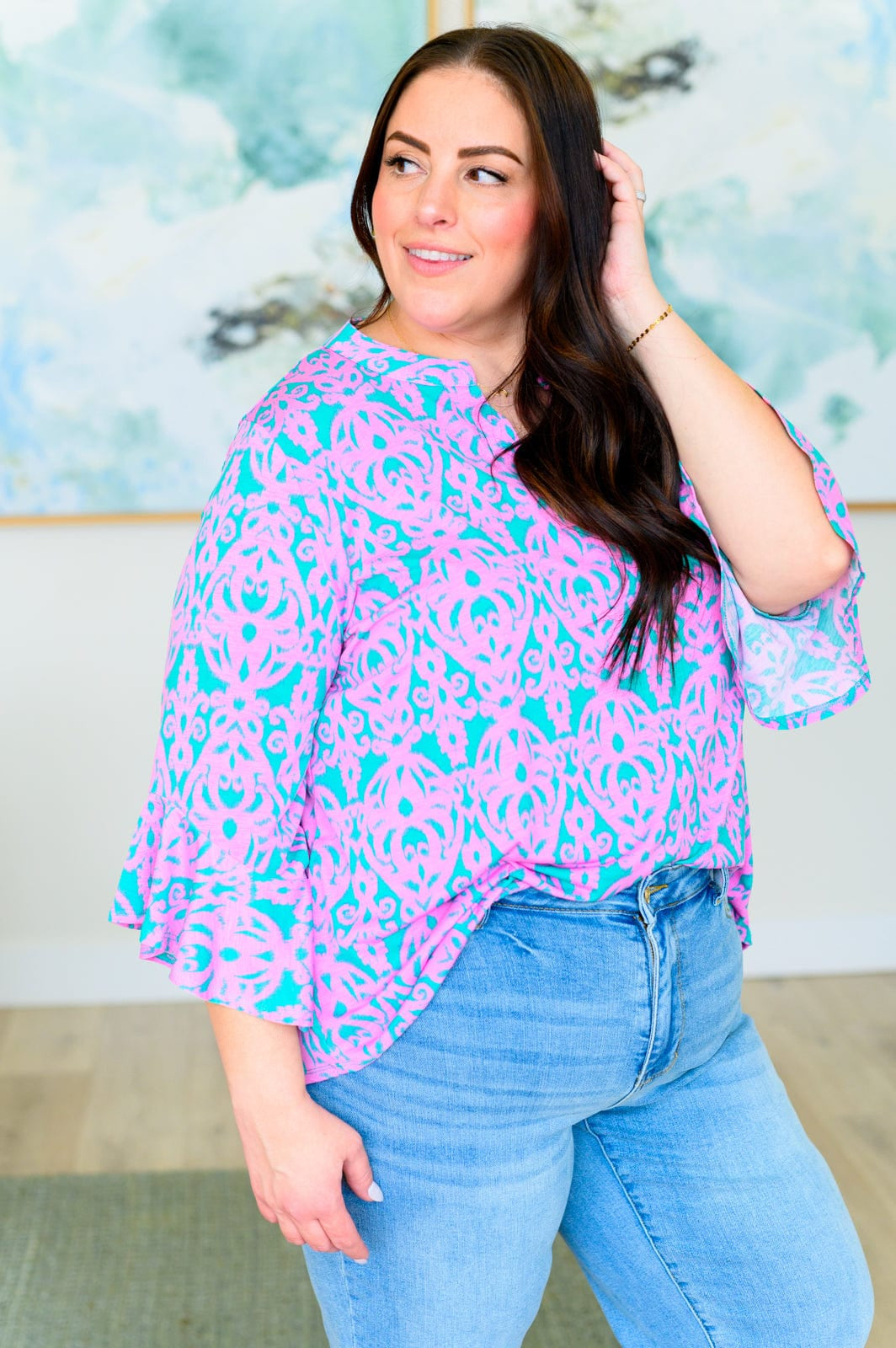 Lizzy Bell Sleeve Top in Mint and Pink Damask-Tops-Stay Foxy Boutique, Florissant, Missouri