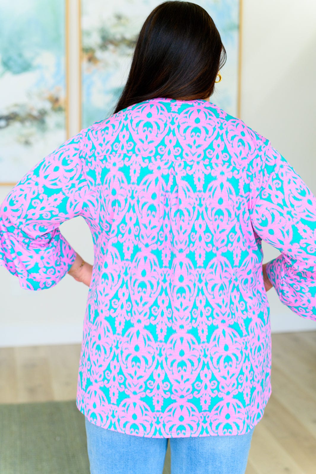 Lizzy Bell Sleeve Top in Mint and Pink Damask-Tops-Stay Foxy Boutique, Florissant, Missouri