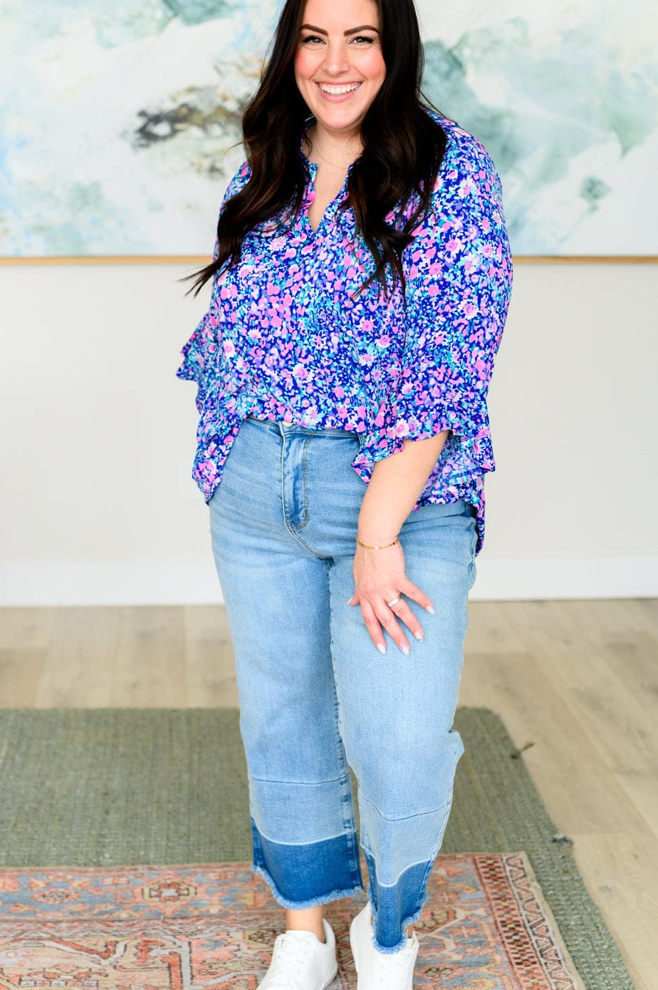 Lizzy Bell Sleeve Top in Navy and Pink Floral-Tops-Stay Foxy Boutique, Florissant, Missouri
