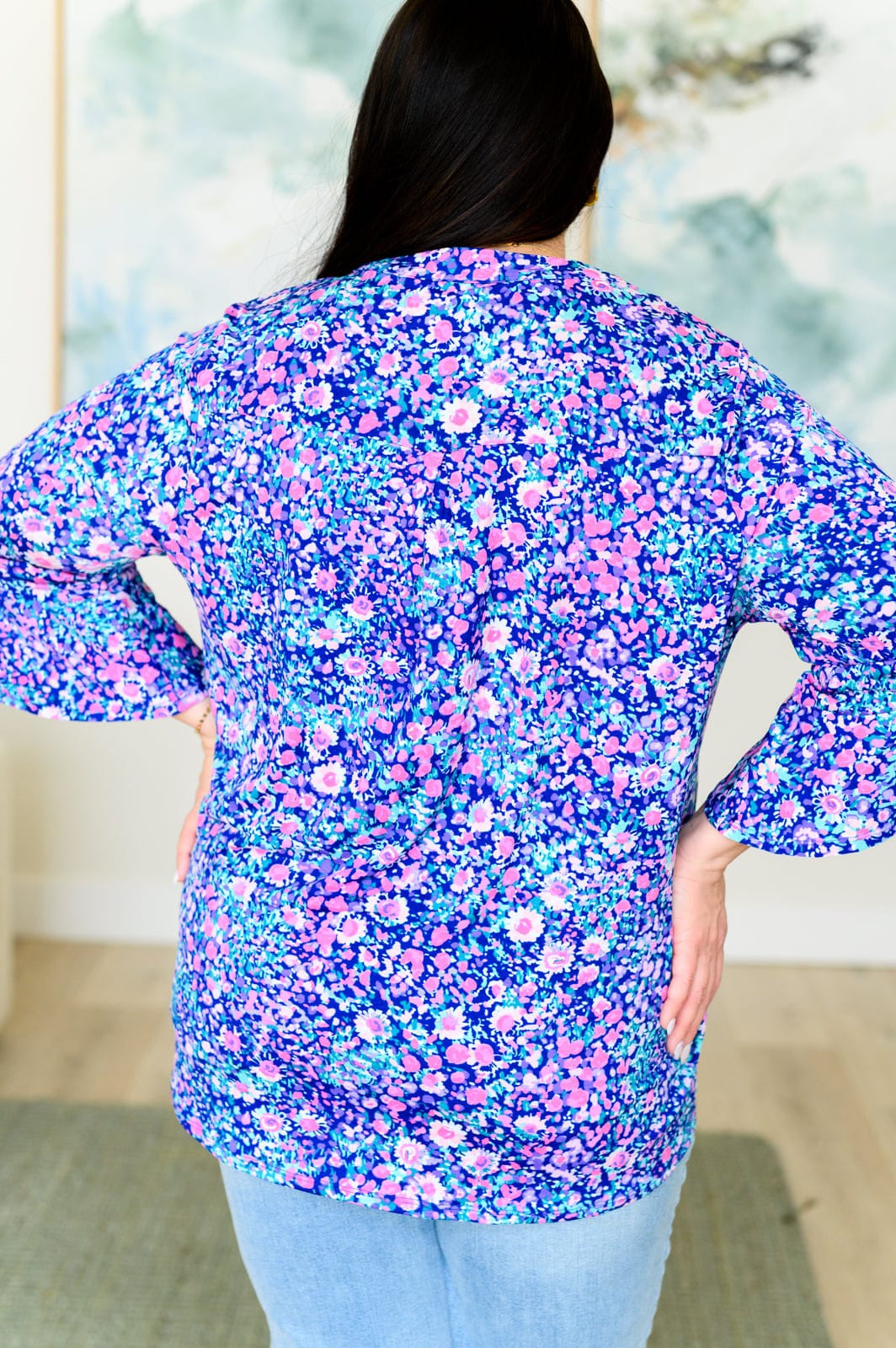 Lizzy Bell Sleeve Top in Navy and Pink Floral-Tops-Stay Foxy Boutique, Florissant, Missouri