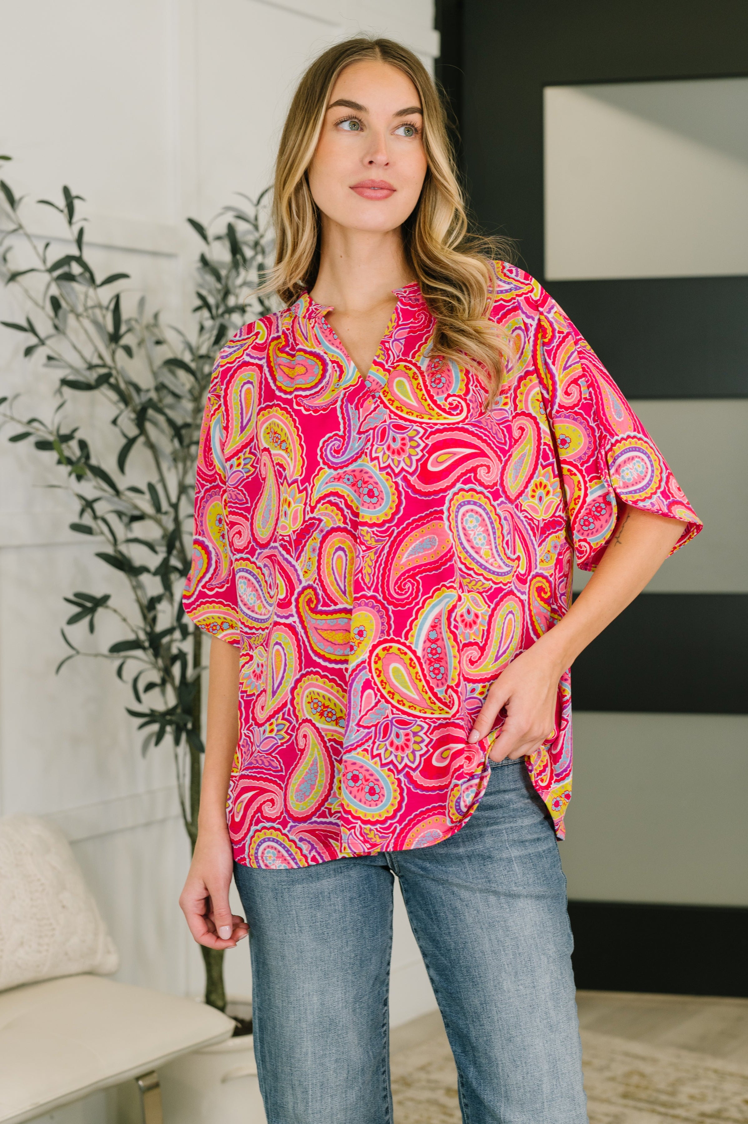 Lizzy Breeze Top in Hot Pink Paisley-Womens-Stay Foxy Boutique, Florissant, Missouri
