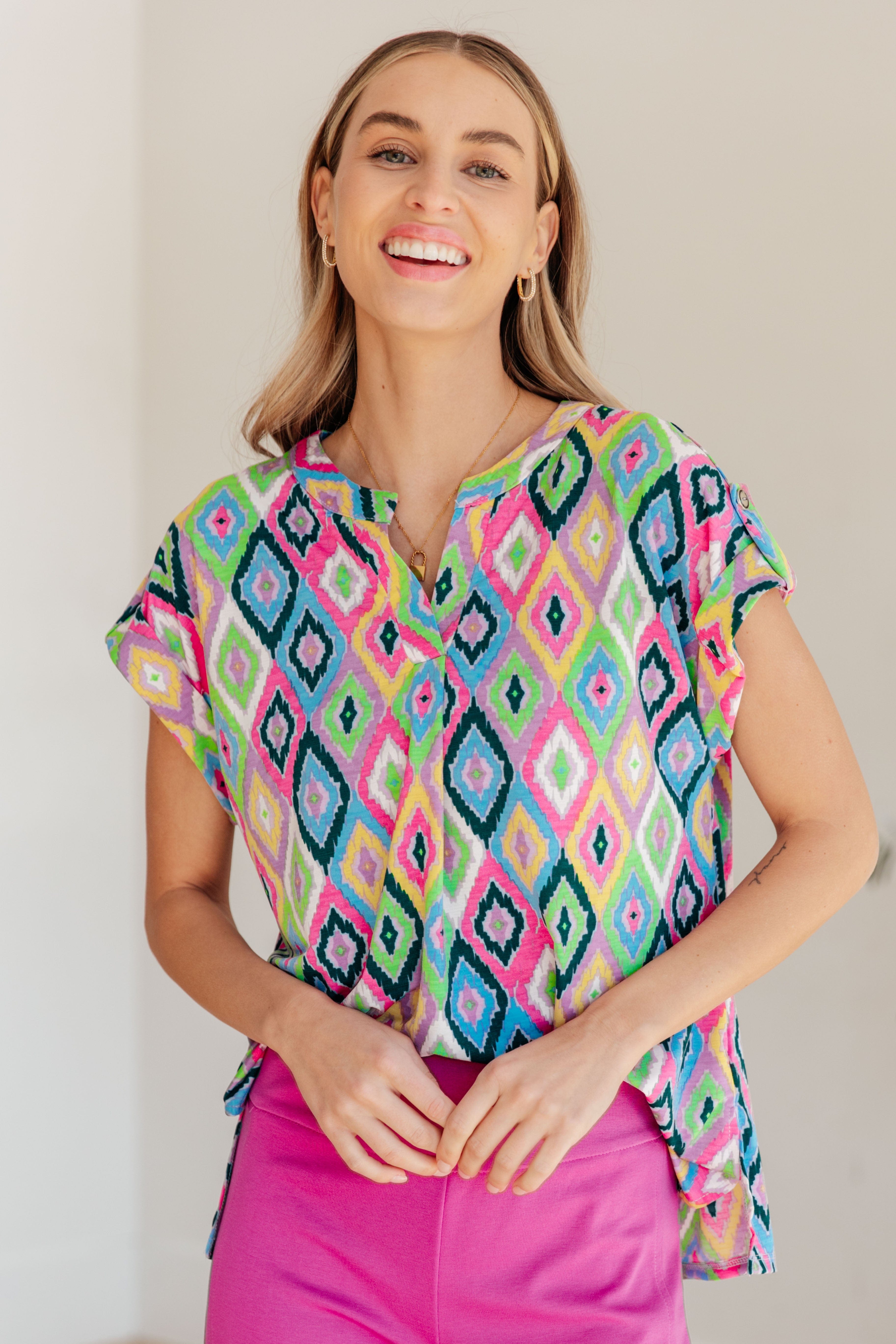 Lizzy Cap Sleeve Top in Lavender Ikat-Womens-Stay Foxy Boutique, Florissant, Missouri