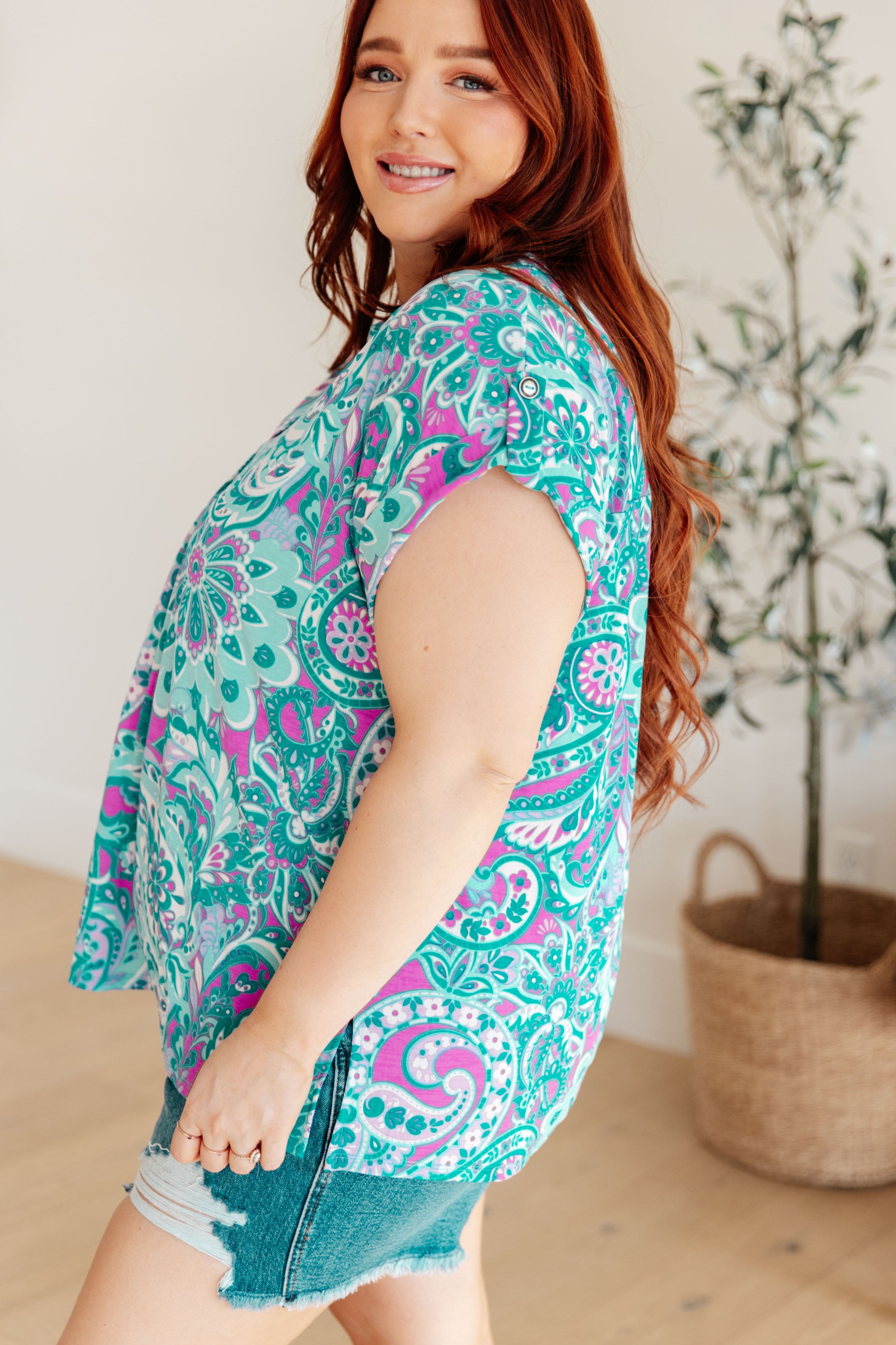 Lizzy Cap Sleeve Top in Magenta and Teal Paisley-Womens-Stay Foxy Boutique, Florissant, Missouri