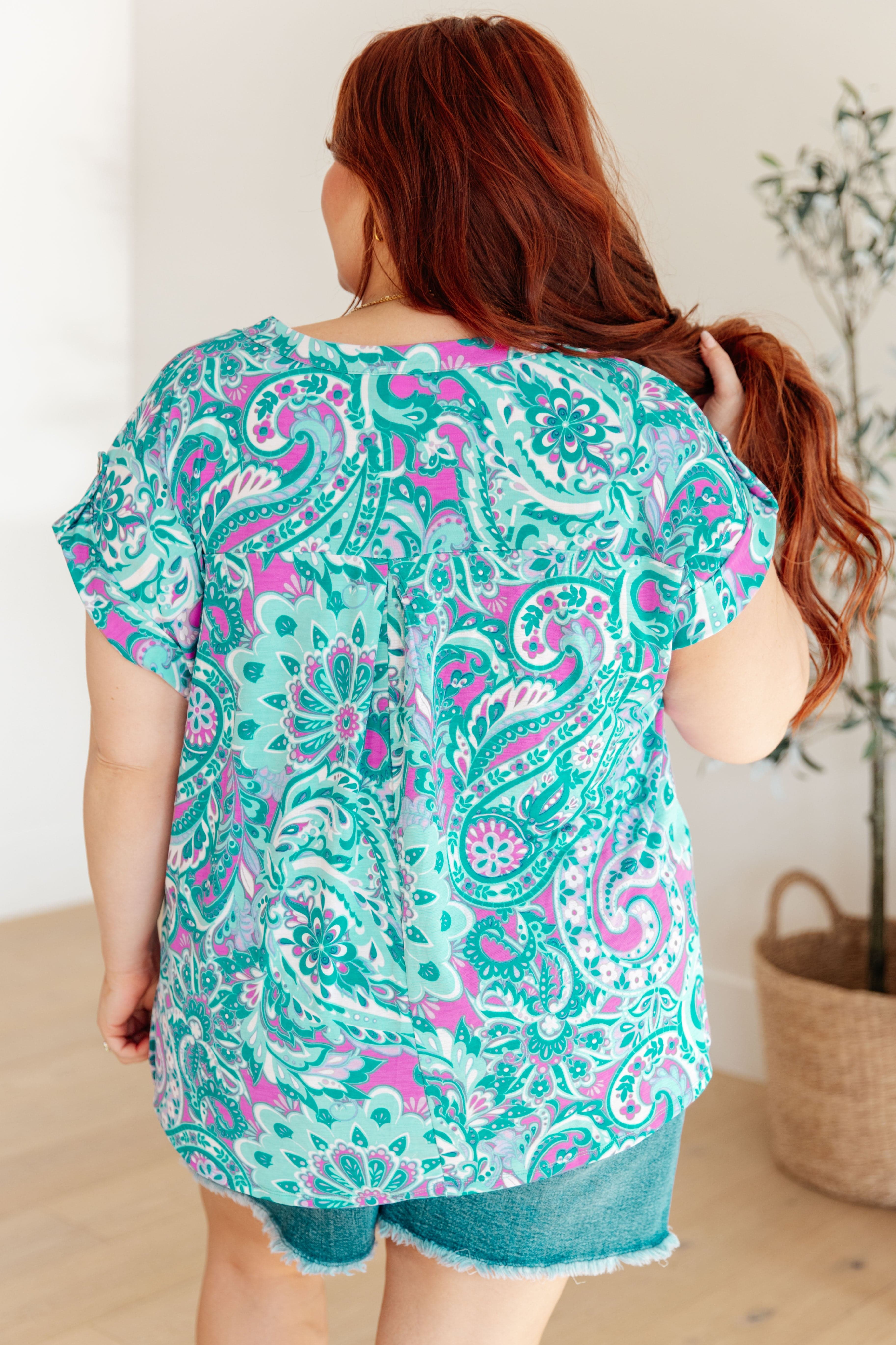 Lizzy Cap Sleeve Top in Magenta and Teal Paisley-Womens-Stay Foxy Boutique, Florissant, Missouri