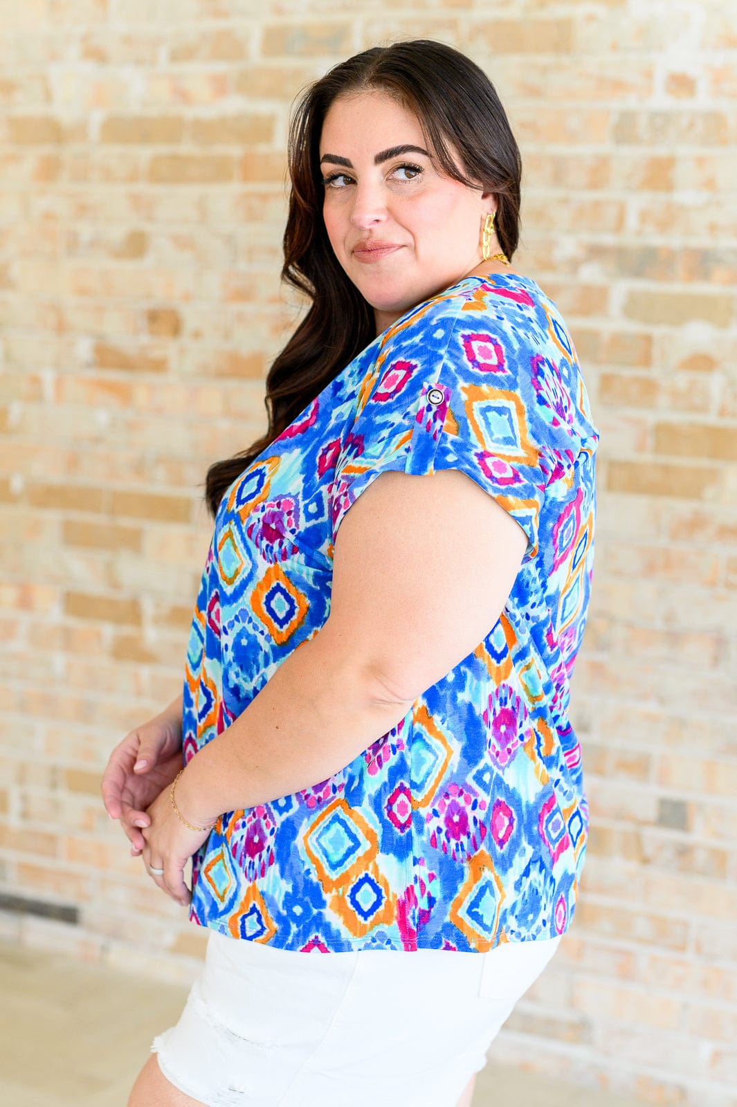 Lizzy Cap Sleeve Top in Blue and Magenta Ikat-Tops-Stay Foxy Boutique, Florissant, Missouri