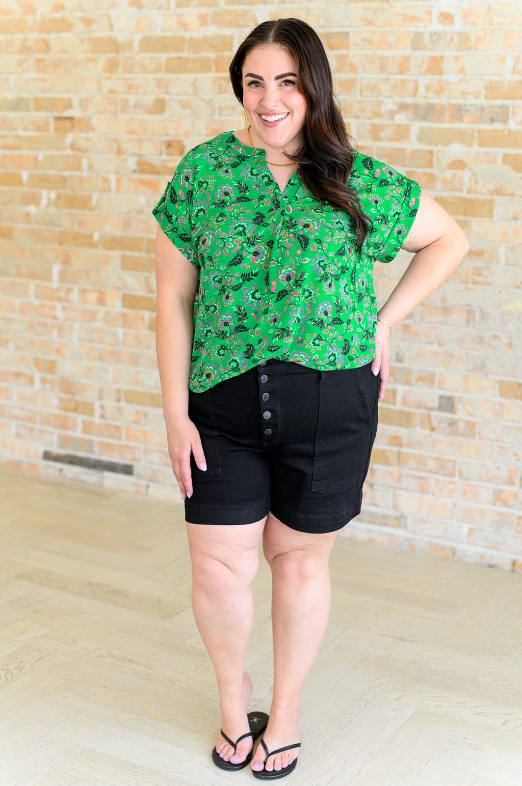 Lizzy Cap Sleeve Top in Green and Black Floral-Tops-Stay Foxy Boutique, Florissant, Missouri