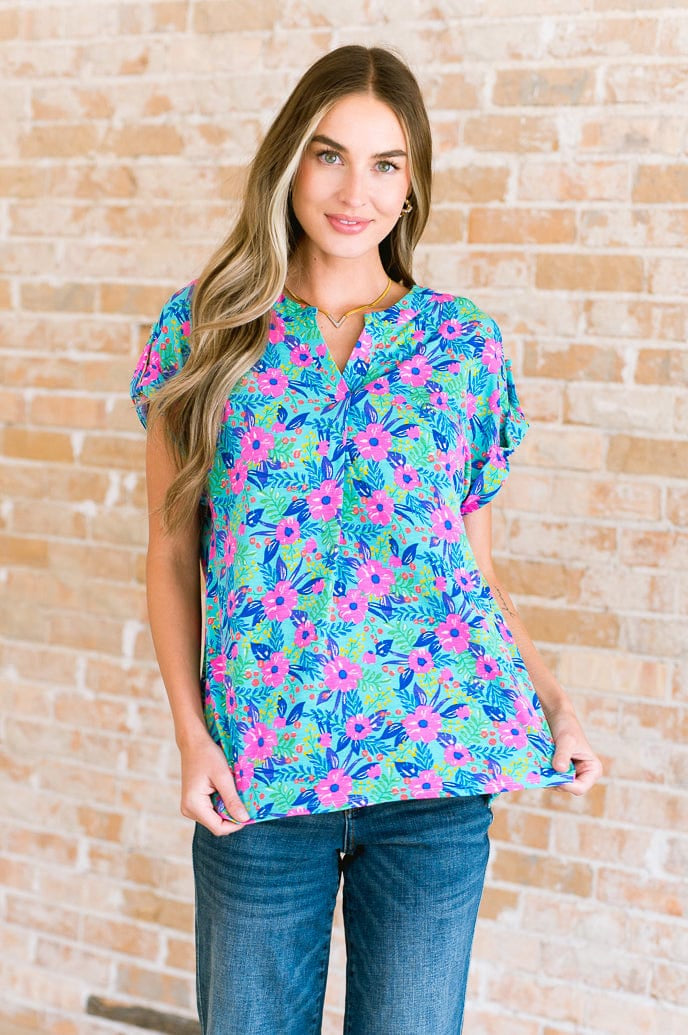 Lizzy Cap Sleeve Top in Mint and Lavender Floral-Tops-Stay Foxy Boutique, Florissant, Missouri