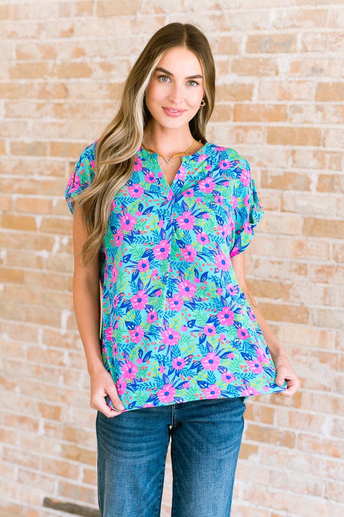 Lizzy Cap Sleeve Top in Mint and Lavender Floral-Tops-Stay Foxy Boutique, Florissant, Missouri