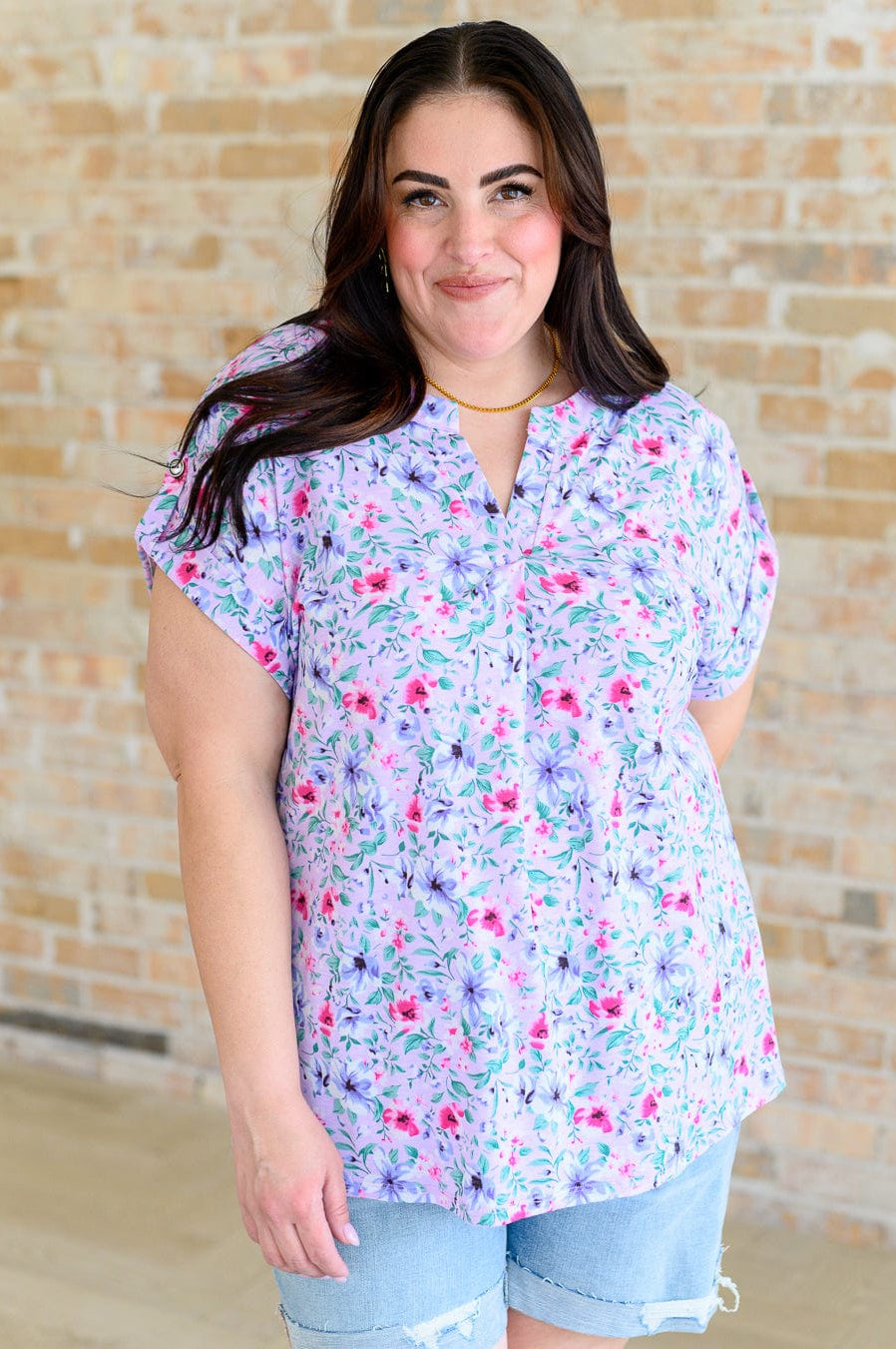 Lizzy Cap Sleeve Top in Muted Lavender and Pink Floral-Tops-Stay Foxy Boutique, Florissant, Missouri