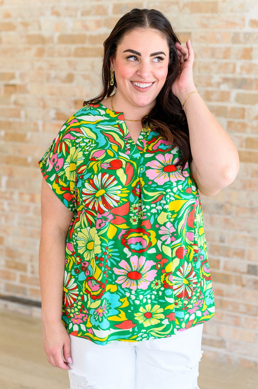 Lizzy Cap Sleeve Top in Retro Green Floral-Tops-Stay Foxy Boutique, Florissant, Missouri