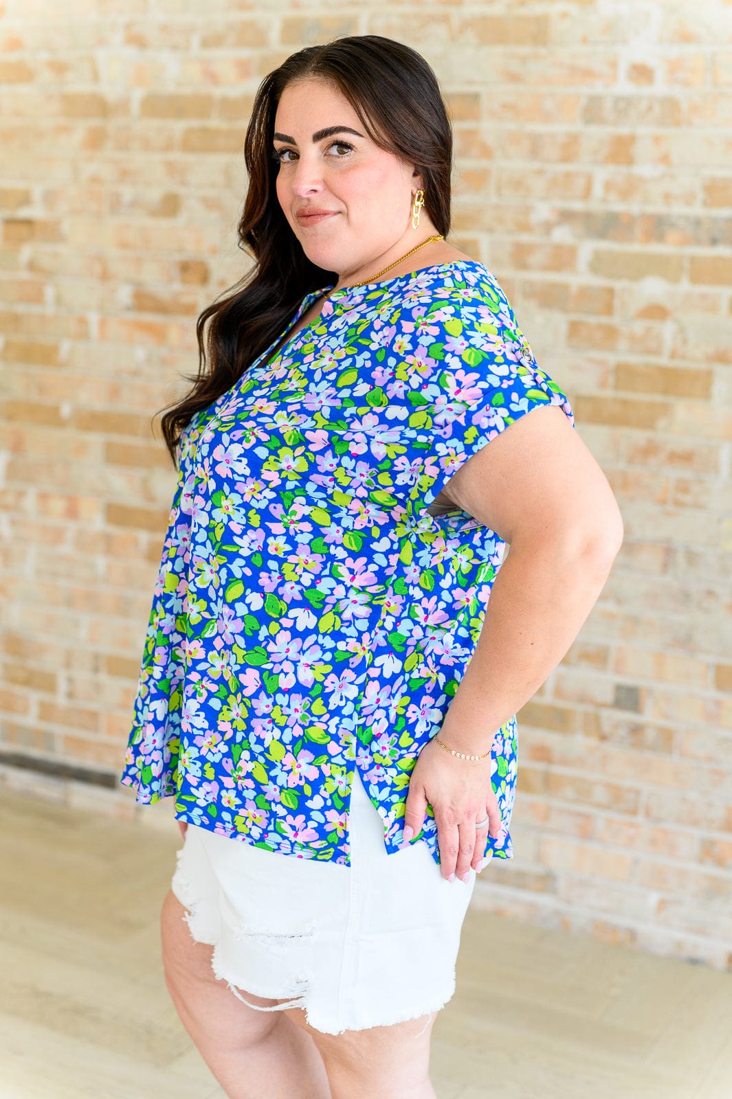Lizzy Cap Sleeve Top in Royal and Pink Wildflower-Tops-Stay Foxy Boutique, Florissant, Missouri