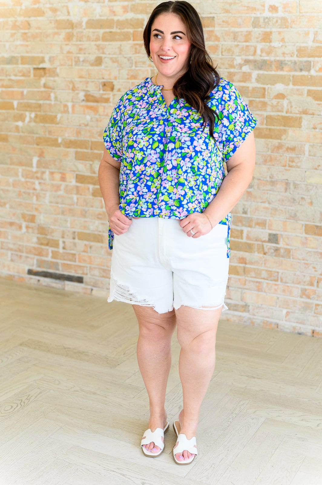 Lizzy Cap Sleeve Top in Royal and Pink Wildflower-Tops-Stay Foxy Boutique, Florissant, Missouri