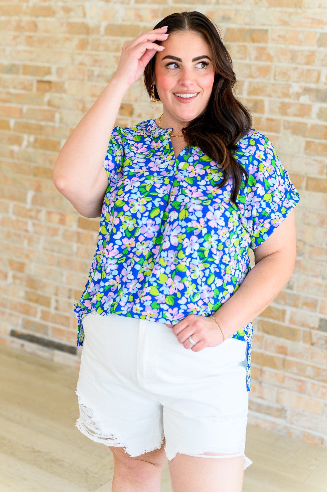 Lizzy Cap Sleeve Top in Royal and Pink Wildflower-Tops-Stay Foxy Boutique, Florissant, Missouri