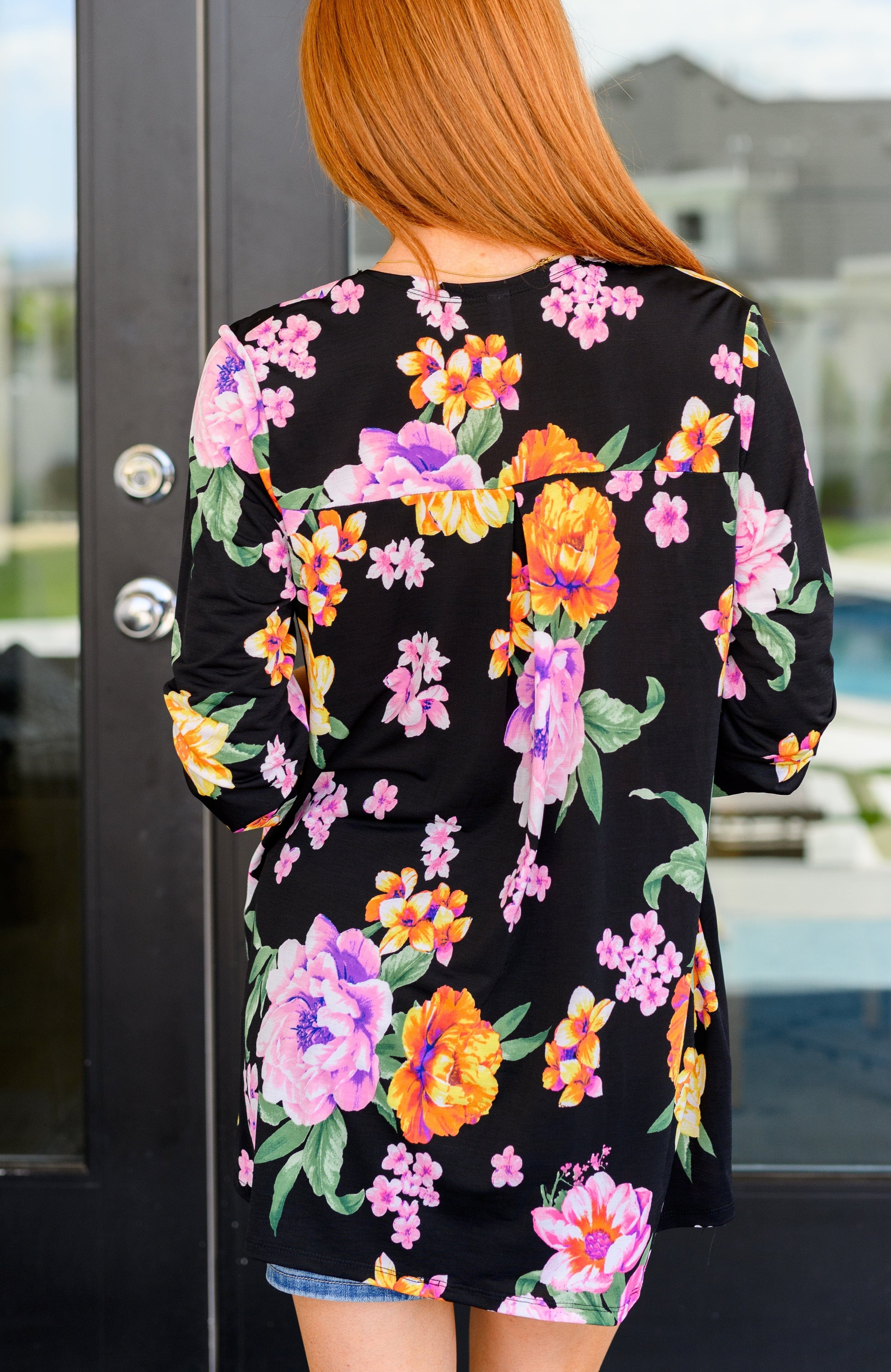 Lizzy Cardigan in Black and Lavender Bouquet-Layers-Stay Foxy Boutique, Florissant, Missouri
