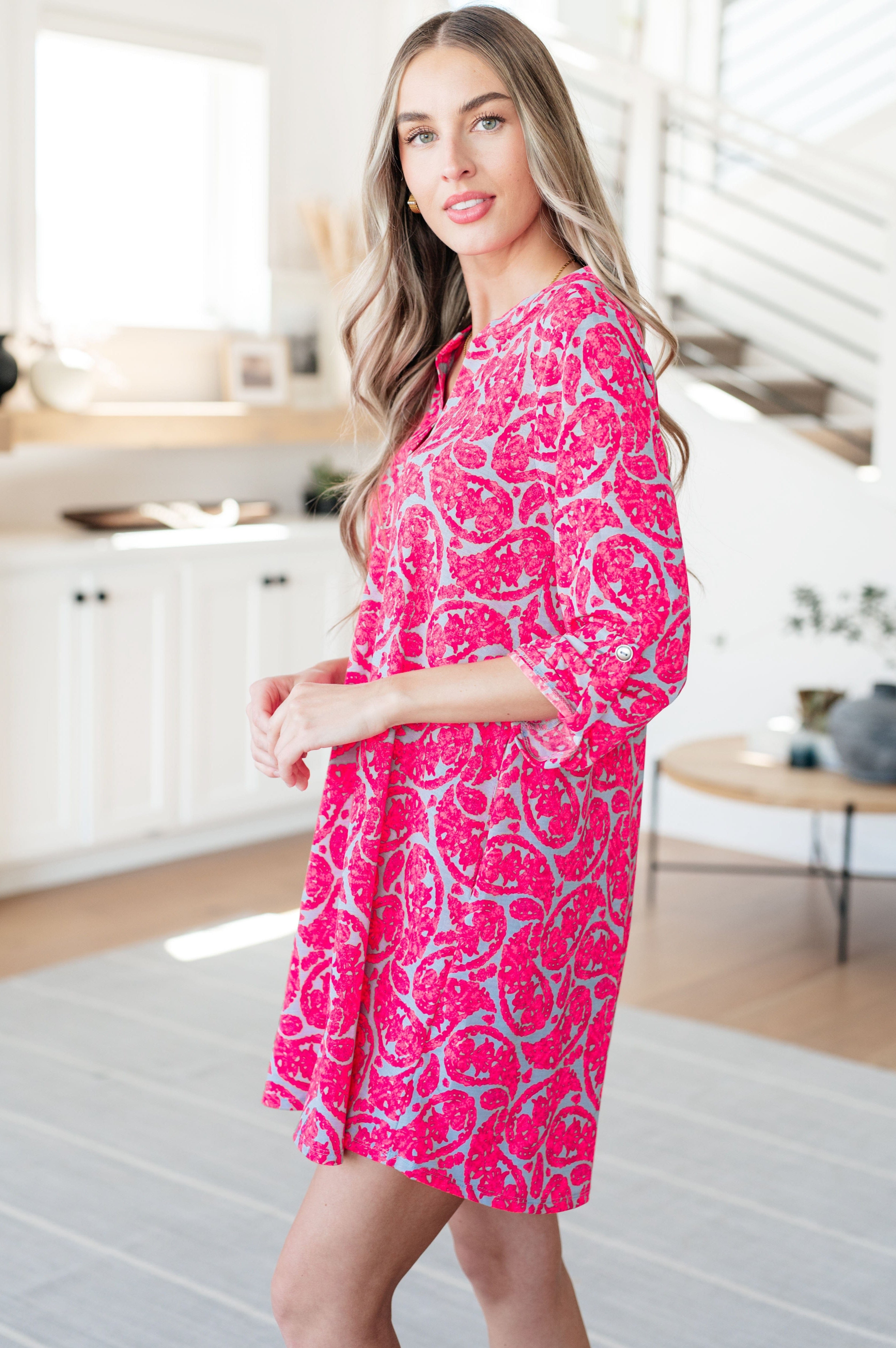 Lizzy Dress in Grey and Pink Paisley-Dresses-Stay Foxy Boutique, Florissant, Missouri