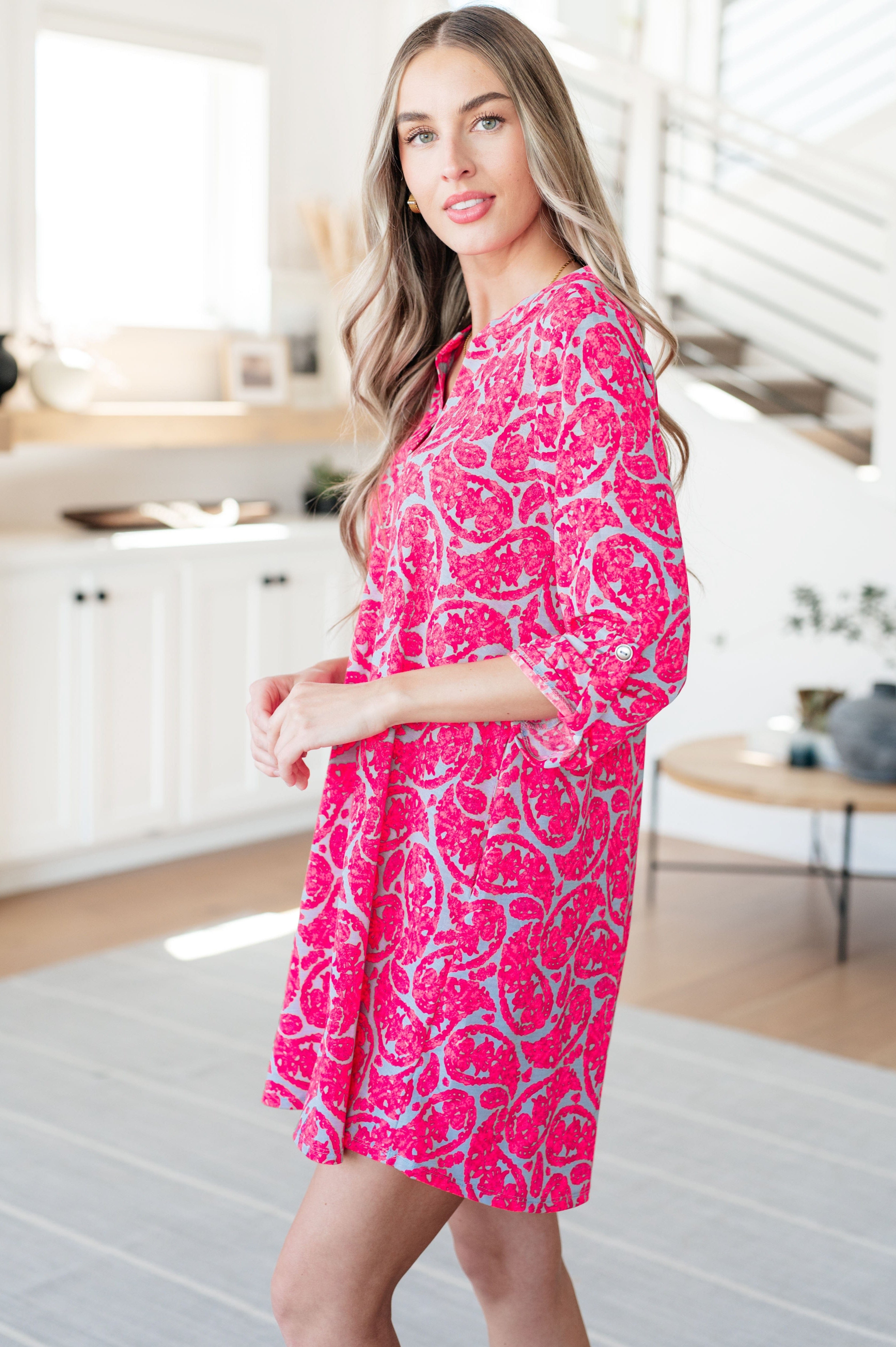 Lizzy Dress in Grey and Pink Paisley-Dresses-Stay Foxy Boutique, Florissant, Missouri