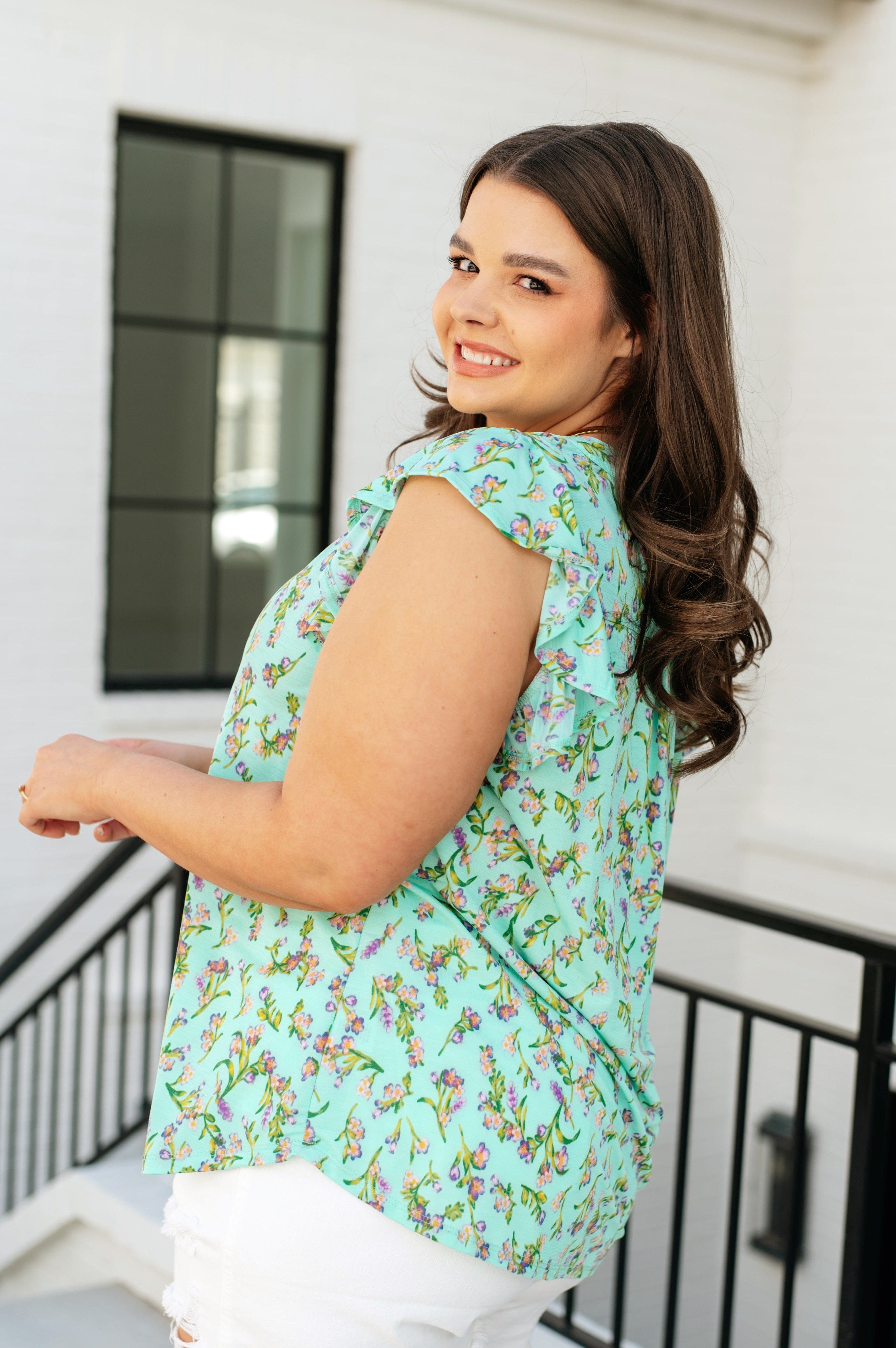 Lizzy Flutter Sleeve Top in Emerald English Rose-Tops-Stay Foxy Boutique, Florissant, Missouri