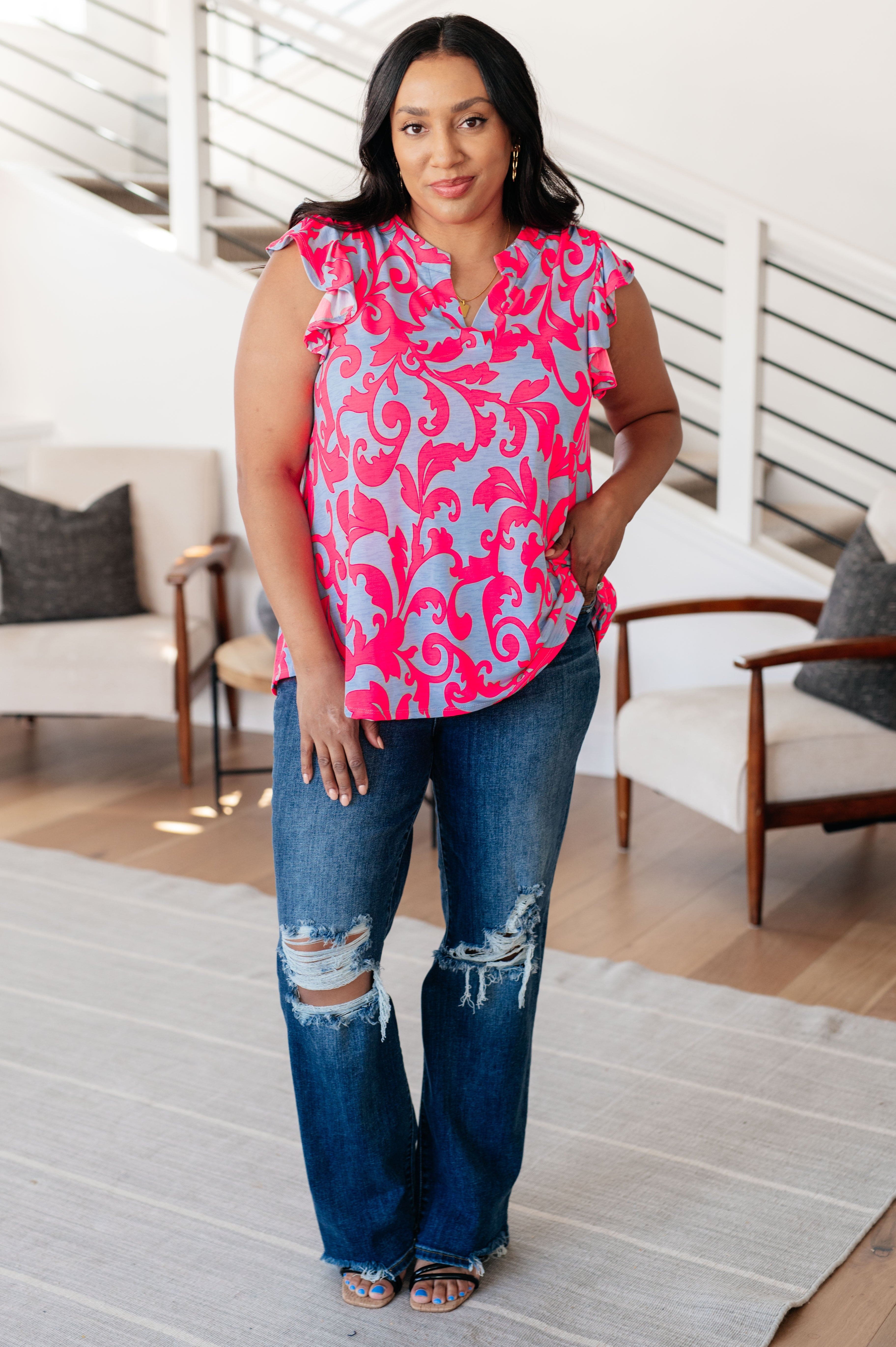 Lizzy Flutter Sleeve Top in Lavender and Hot Pink Filigree-Tops-Stay Foxy Boutique, Florissant, Missouri