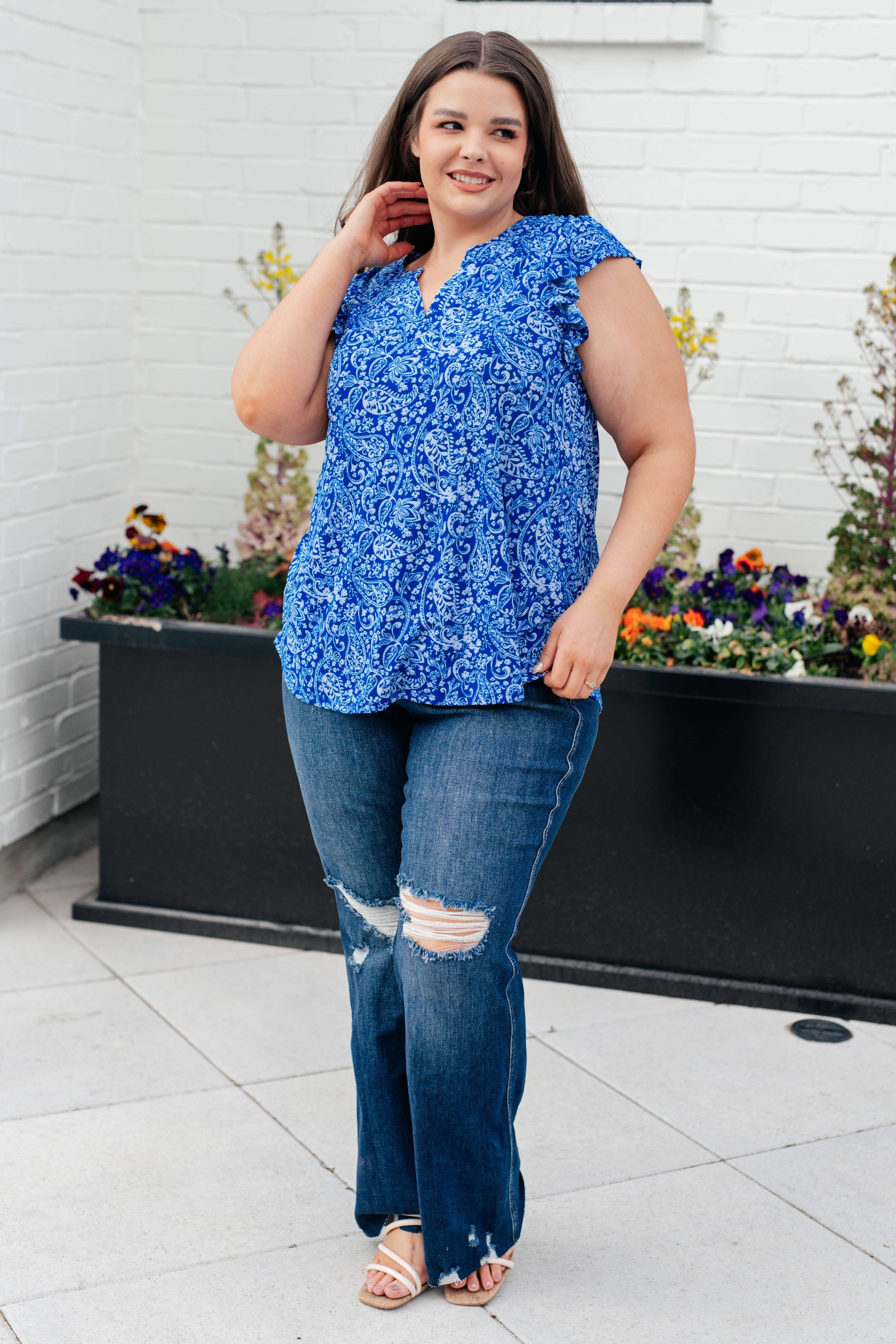 Lizzy Flutter Sleeve Top in Royal Blue and White Floral-Tops-Stay Foxy Boutique, Florissant, Missouri