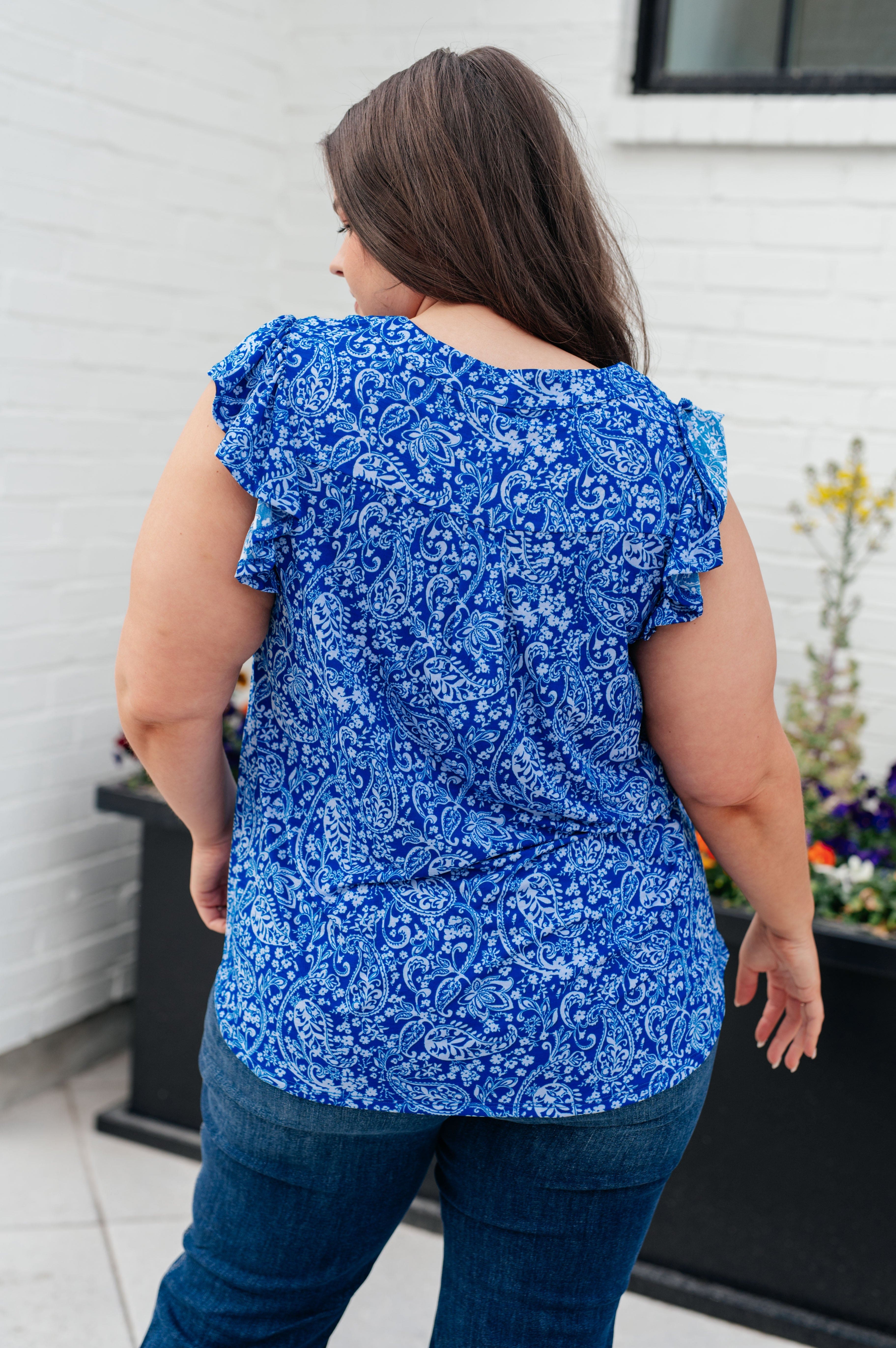 Lizzy Flutter Sleeve Top in Royal Blue and White Floral-Tops-Stay Foxy Boutique, Florissant, Missouri