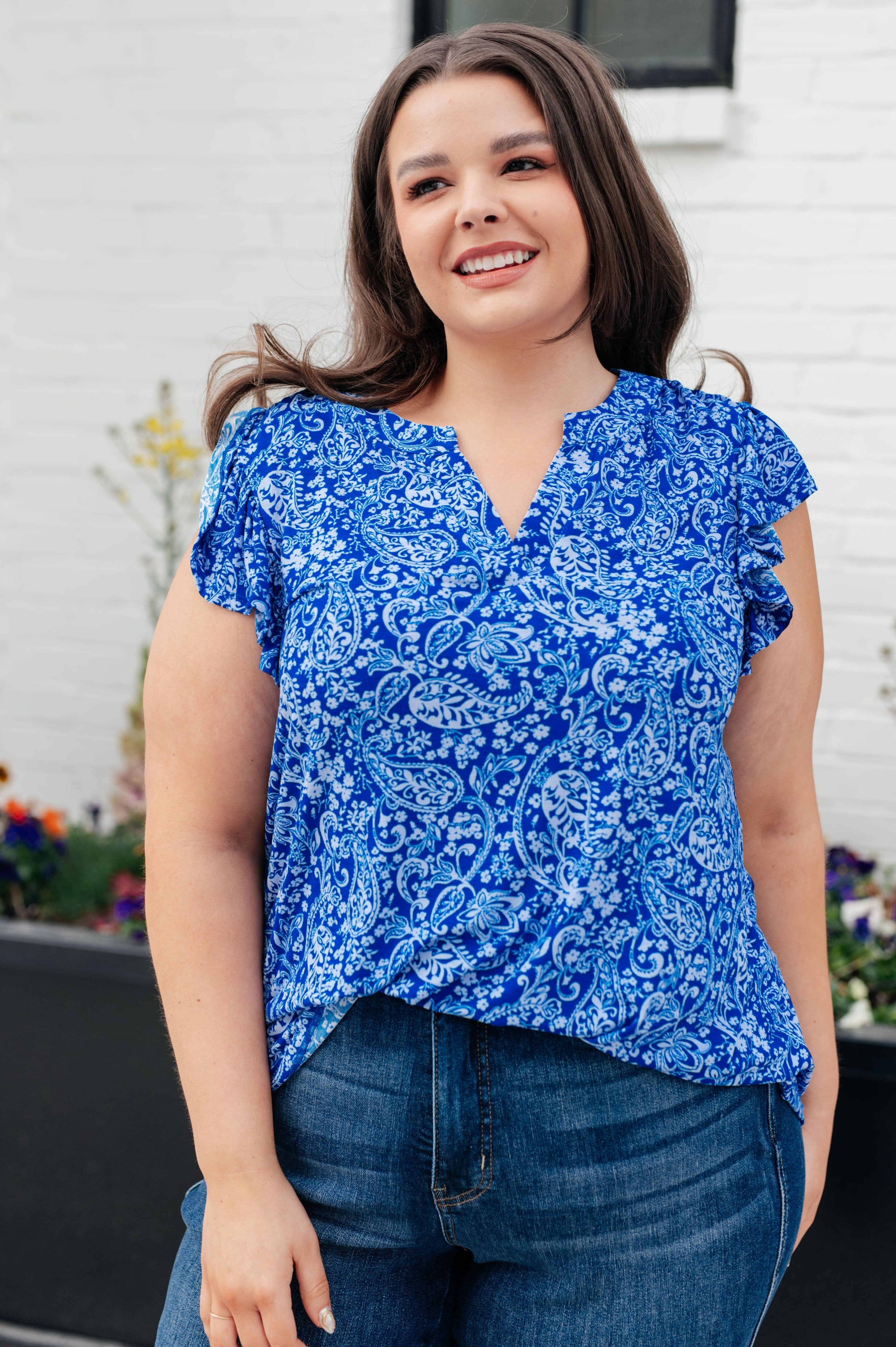 Lizzy Flutter Sleeve Top in Royal Blue and White Floral-Tops-Stay Foxy Boutique, Florissant, Missouri