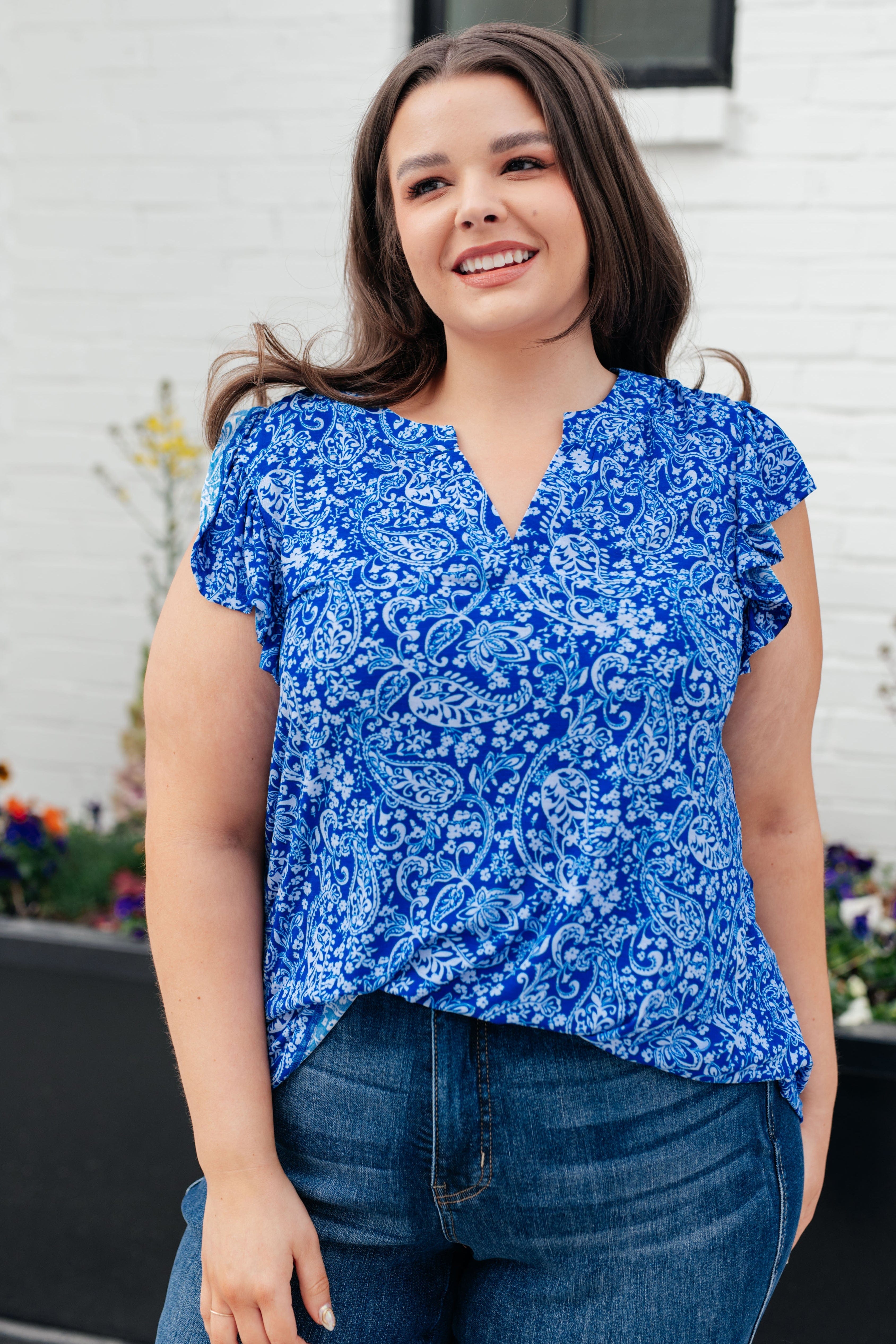 Lizzy Flutter Sleeve Top in Royal Blue and White Floral-Tops-Stay Foxy Boutique, Florissant, Missouri