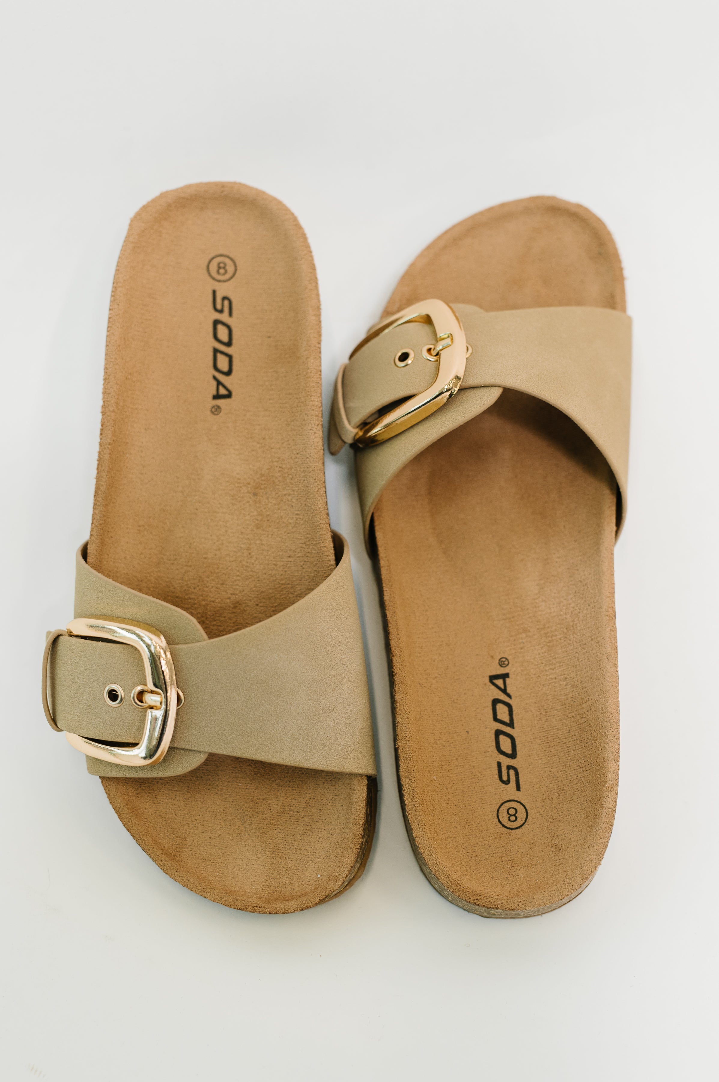 Lizzy Slip on Buckle Strap Sandal in Taupe-Womens-Stay Foxy Boutique, Florissant, Missouri