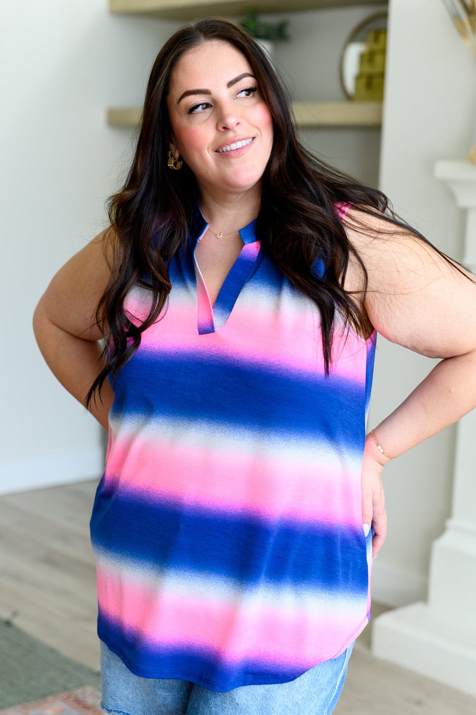 Lizzy Tank Top in Blue and Pink Haze-Tops-Stay Foxy Boutique, Florissant, Missouri
