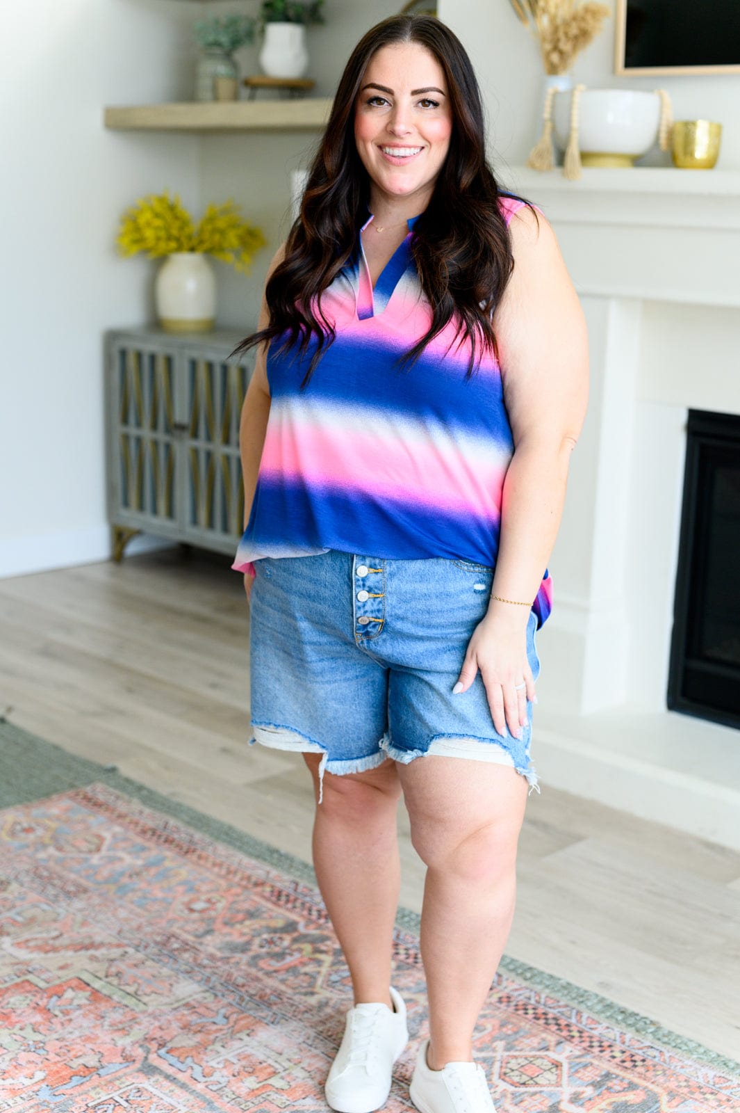 Lizzy Tank Top in Blue and Pink Haze-Tops-Stay Foxy Boutique, Florissant, Missouri