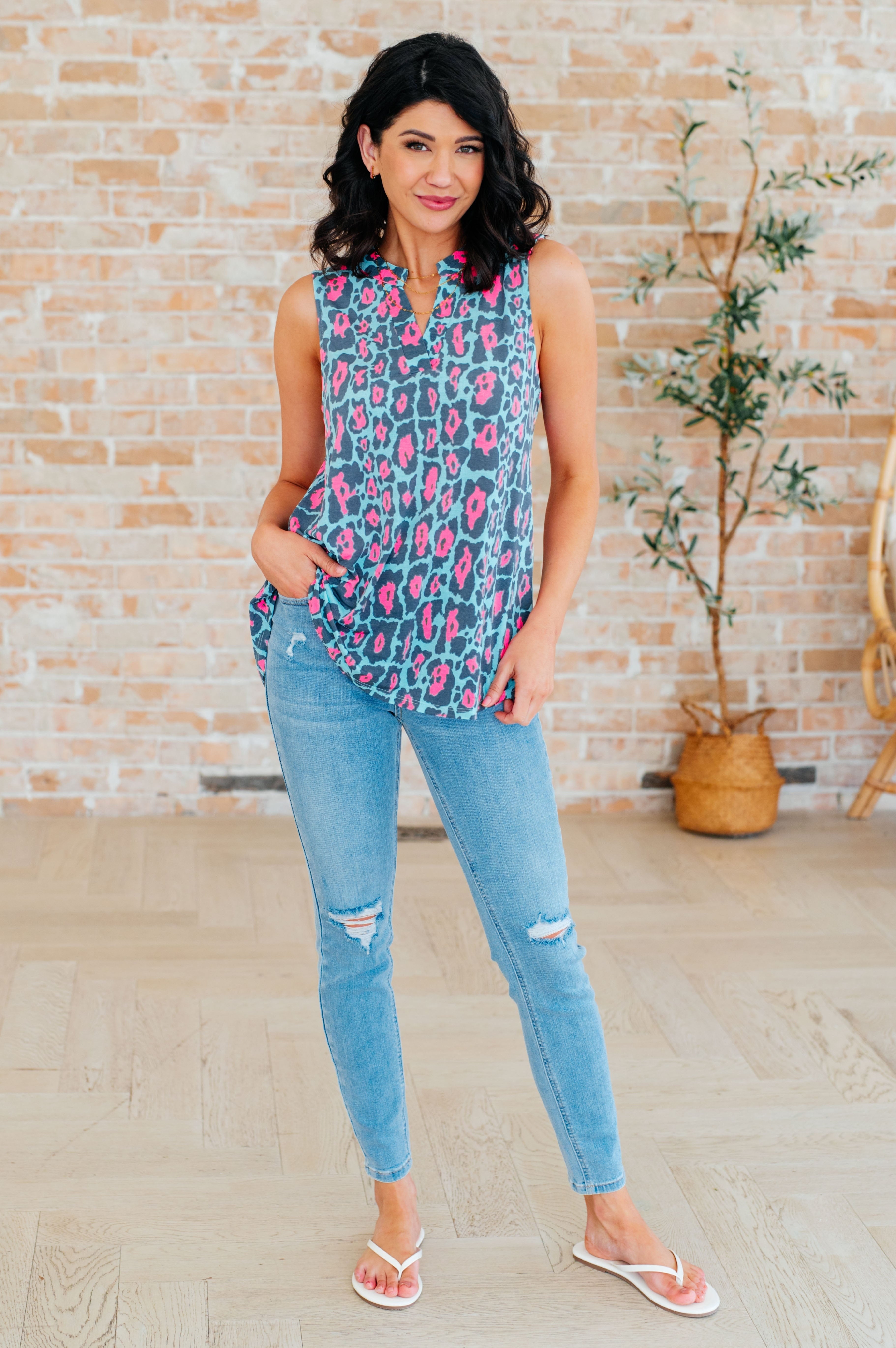 Lizzy Tank Top in Mint and Pink Leopard-Tops-Stay Foxy Boutique, Florissant, Missouri