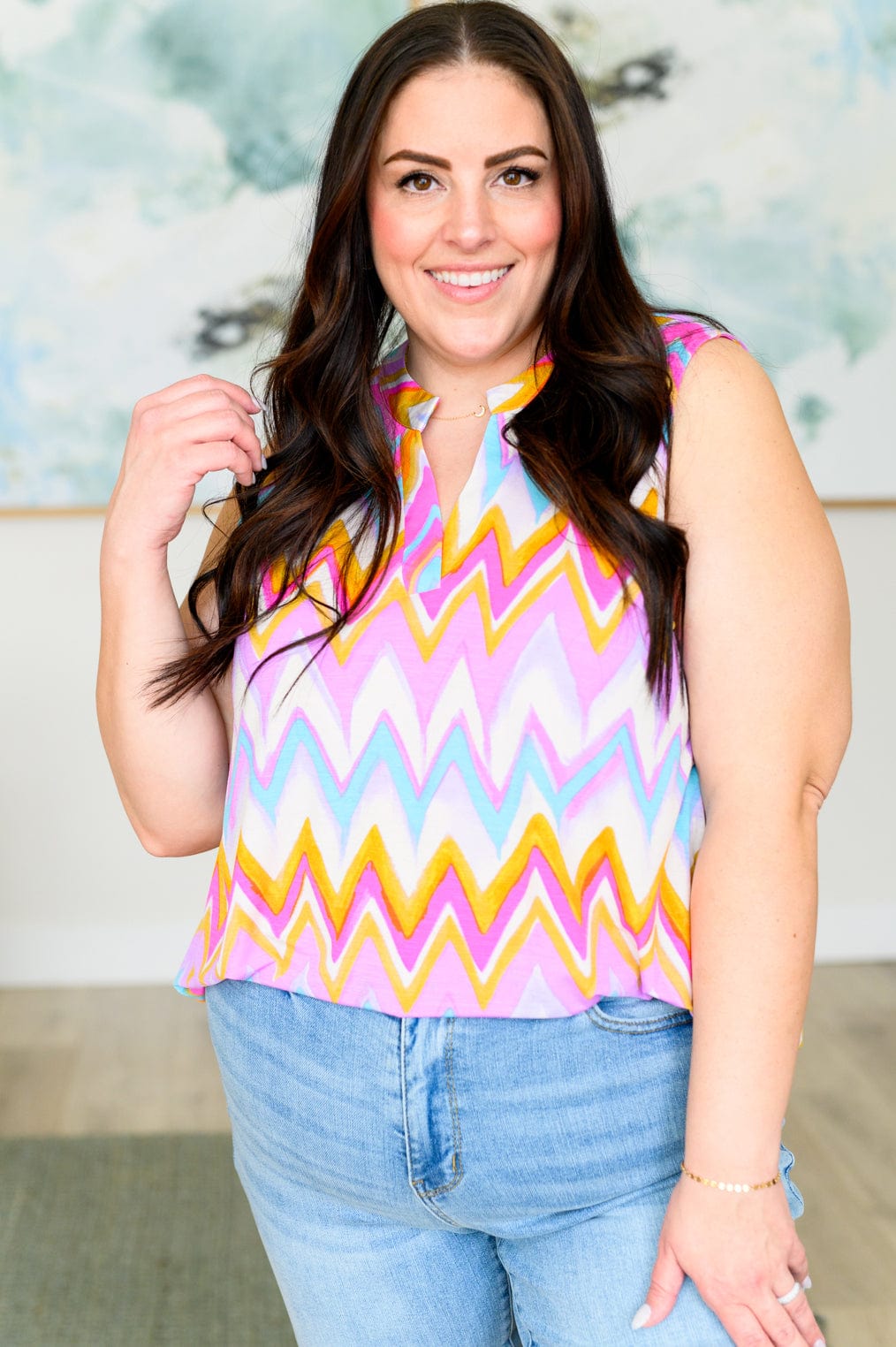 Lizzy Tank Top in Orange Multi Chevron-Tops-Stay Foxy Boutique, Florissant, Missouri