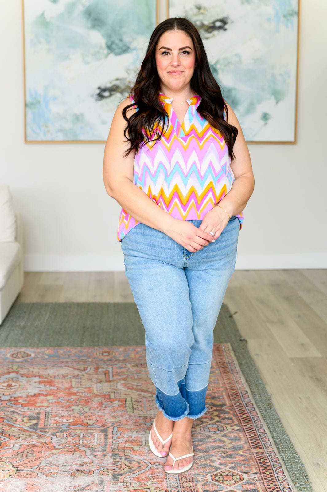 Lizzy Tank Top in Orange Multi Chevron-Tops-Stay Foxy Boutique, Florissant, Missouri