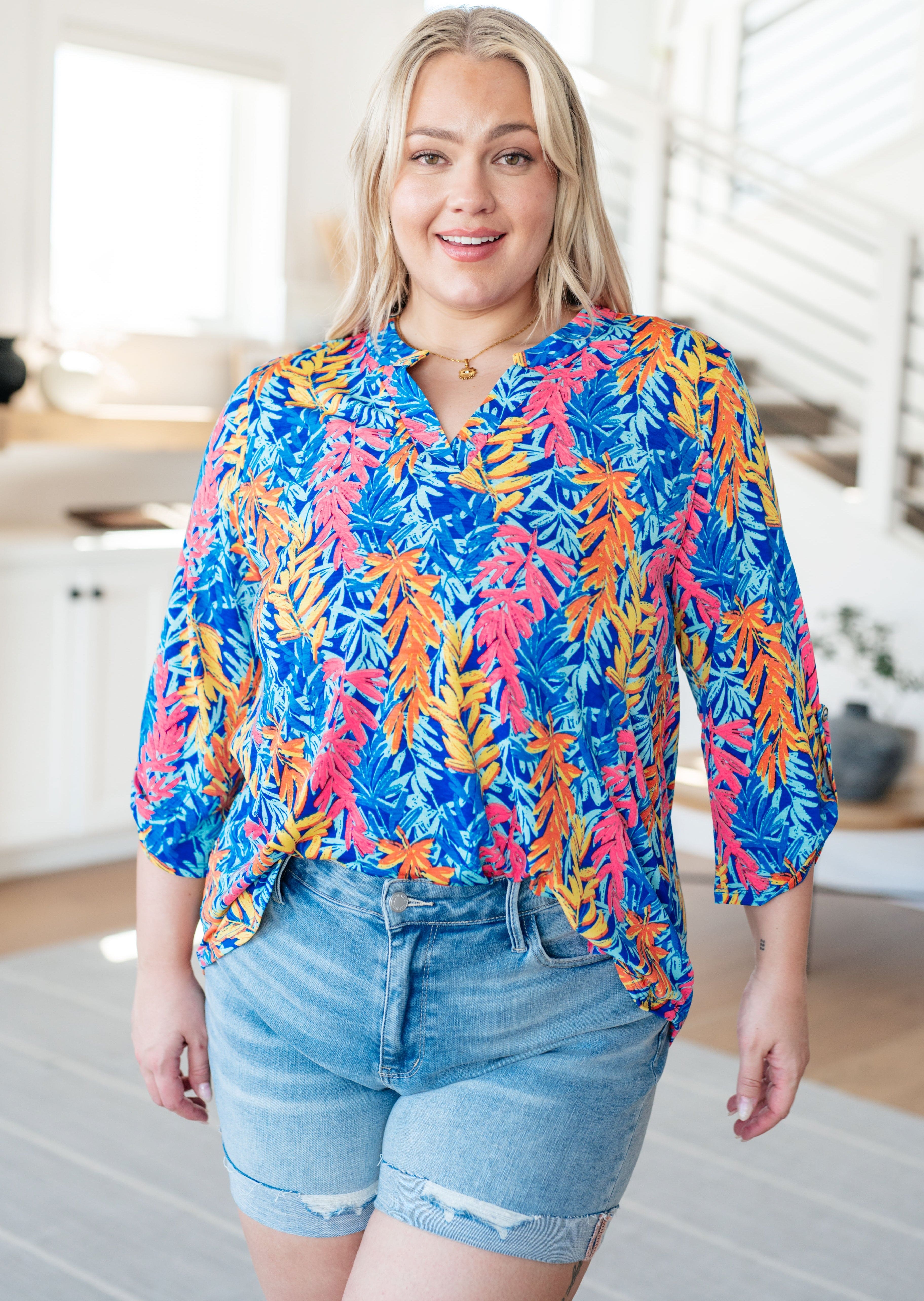 Lizzy Top in Blue and Pink Branches-Tops-Stay Foxy Boutique, Florissant, Missouri