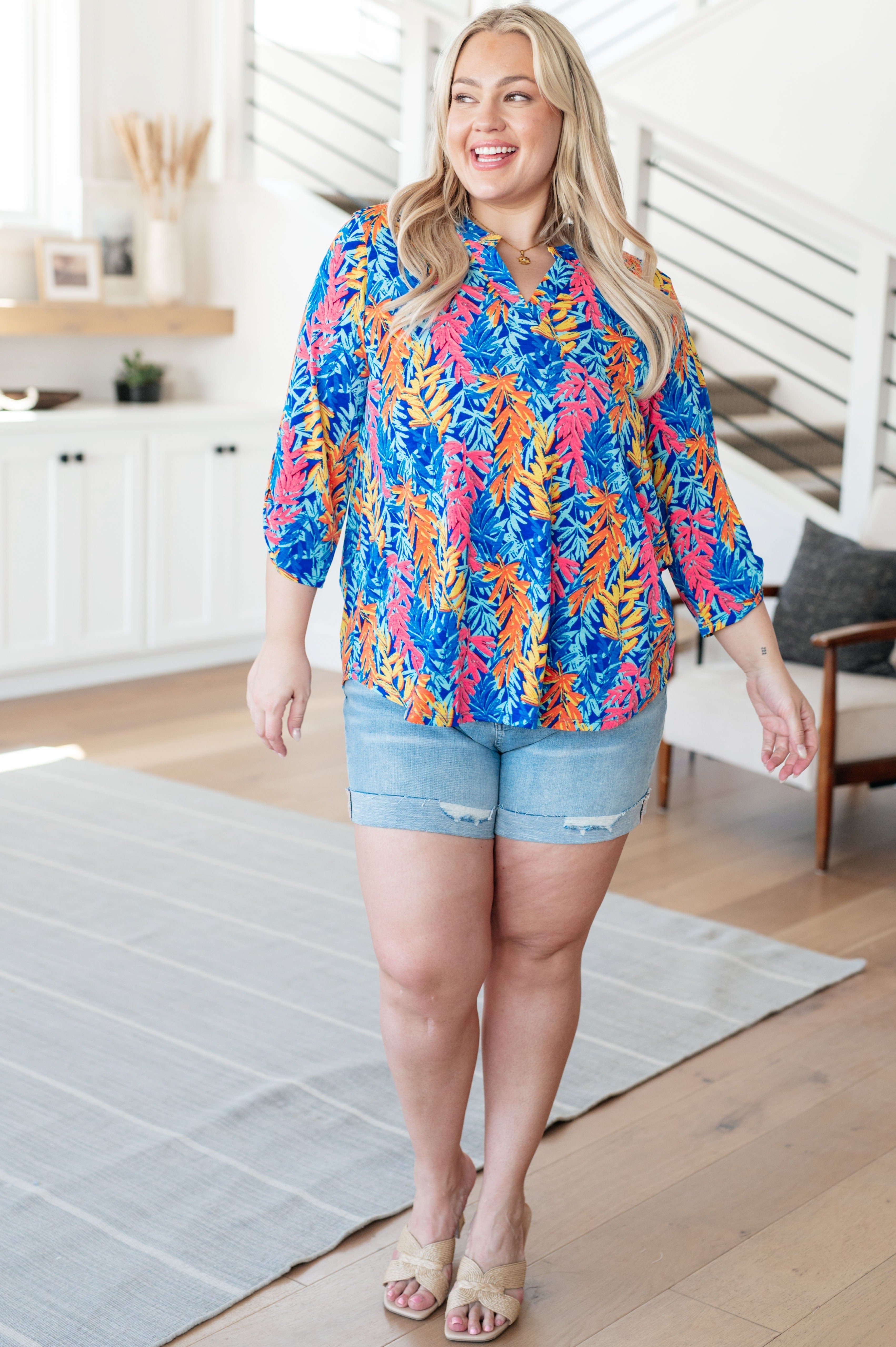 Lizzy Top in Blue and Pink Branches-Tops-Stay Foxy Boutique, Florissant, Missouri