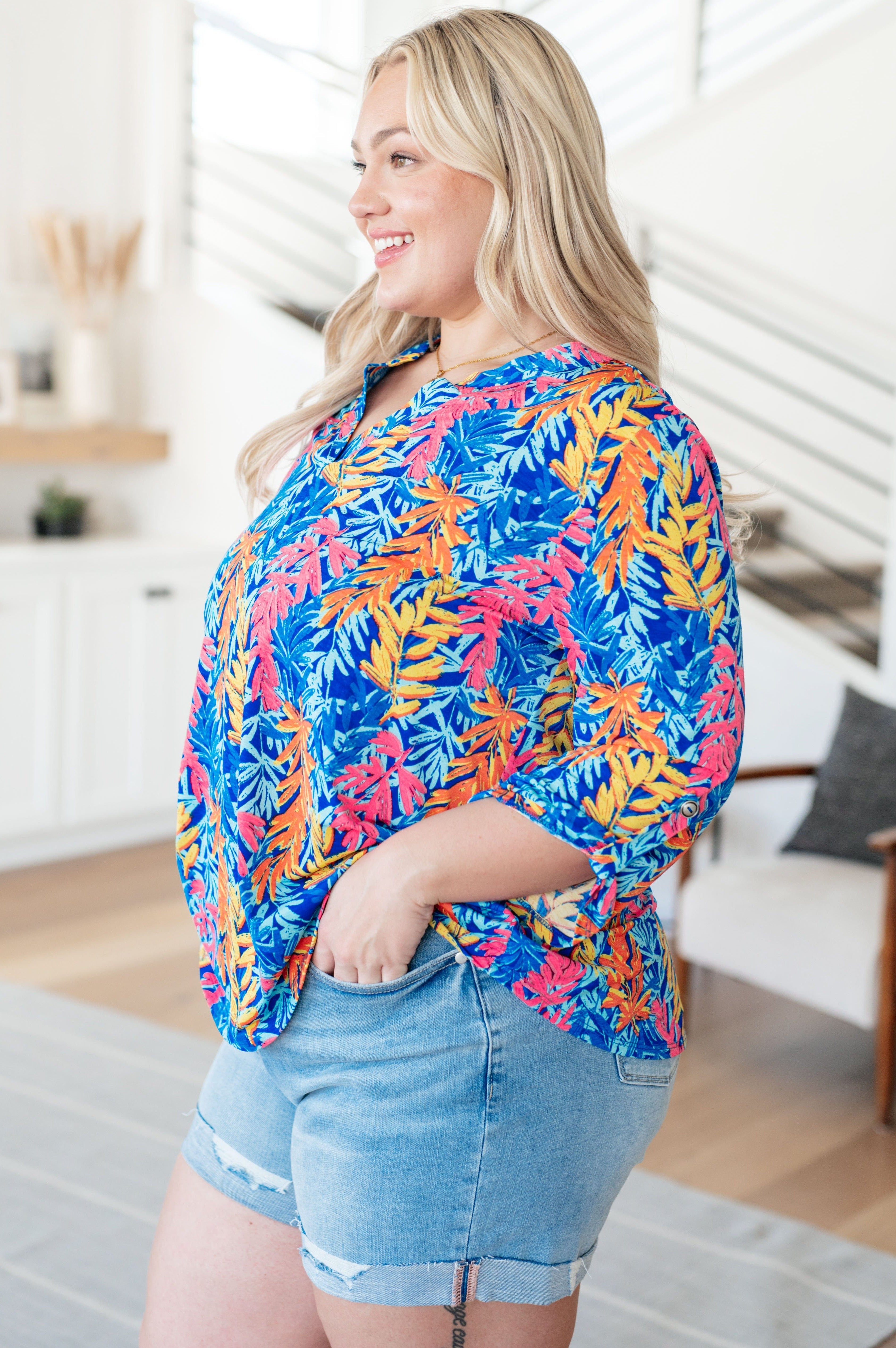 Lizzy Top in Blue and Pink Branches-Tops-Stay Foxy Boutique, Florissant, Missouri