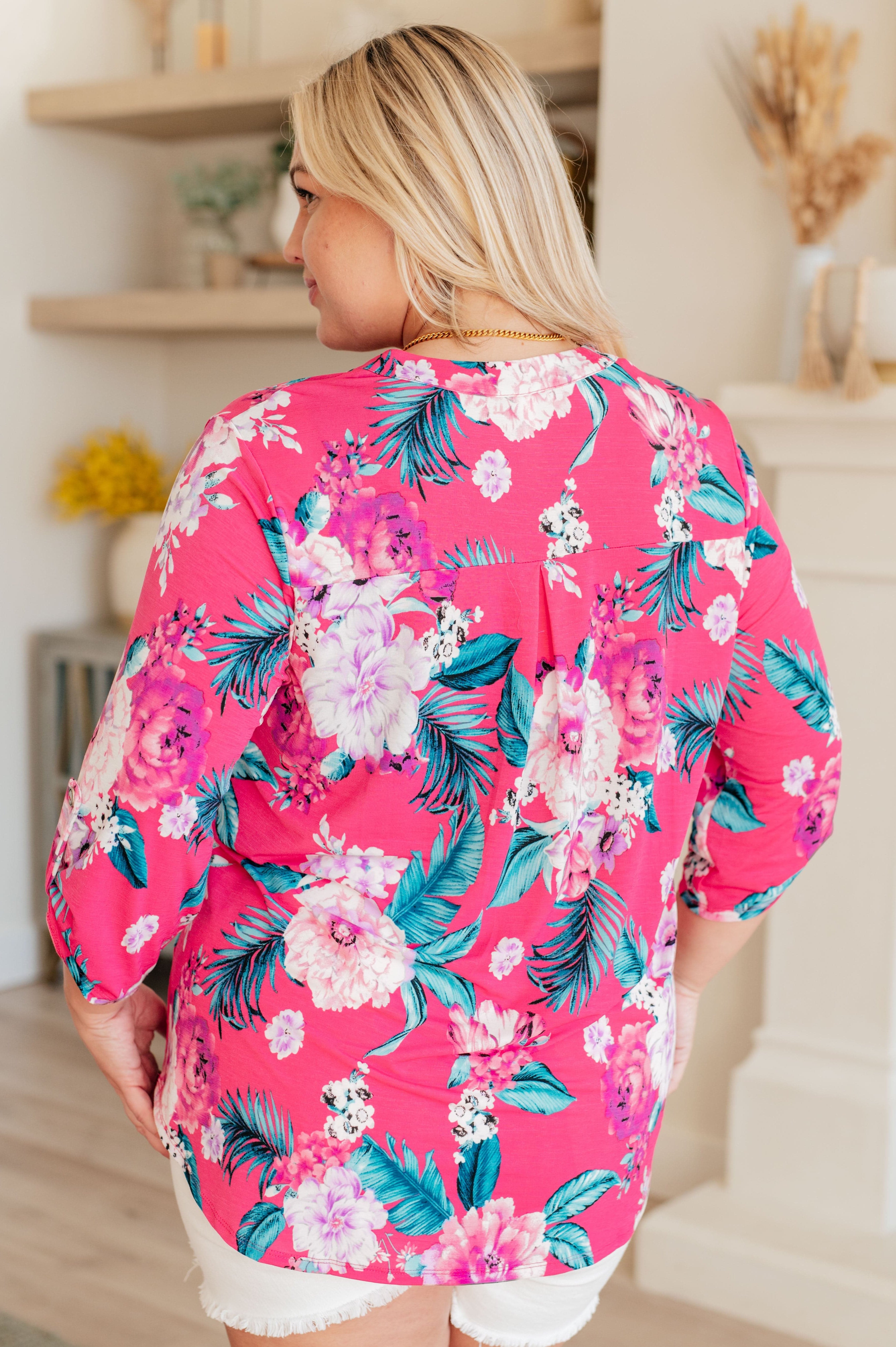 Lizzy Top in Magenta and Teal Tropical Floral-Tops-Stay Foxy Boutique, Florissant, Missouri