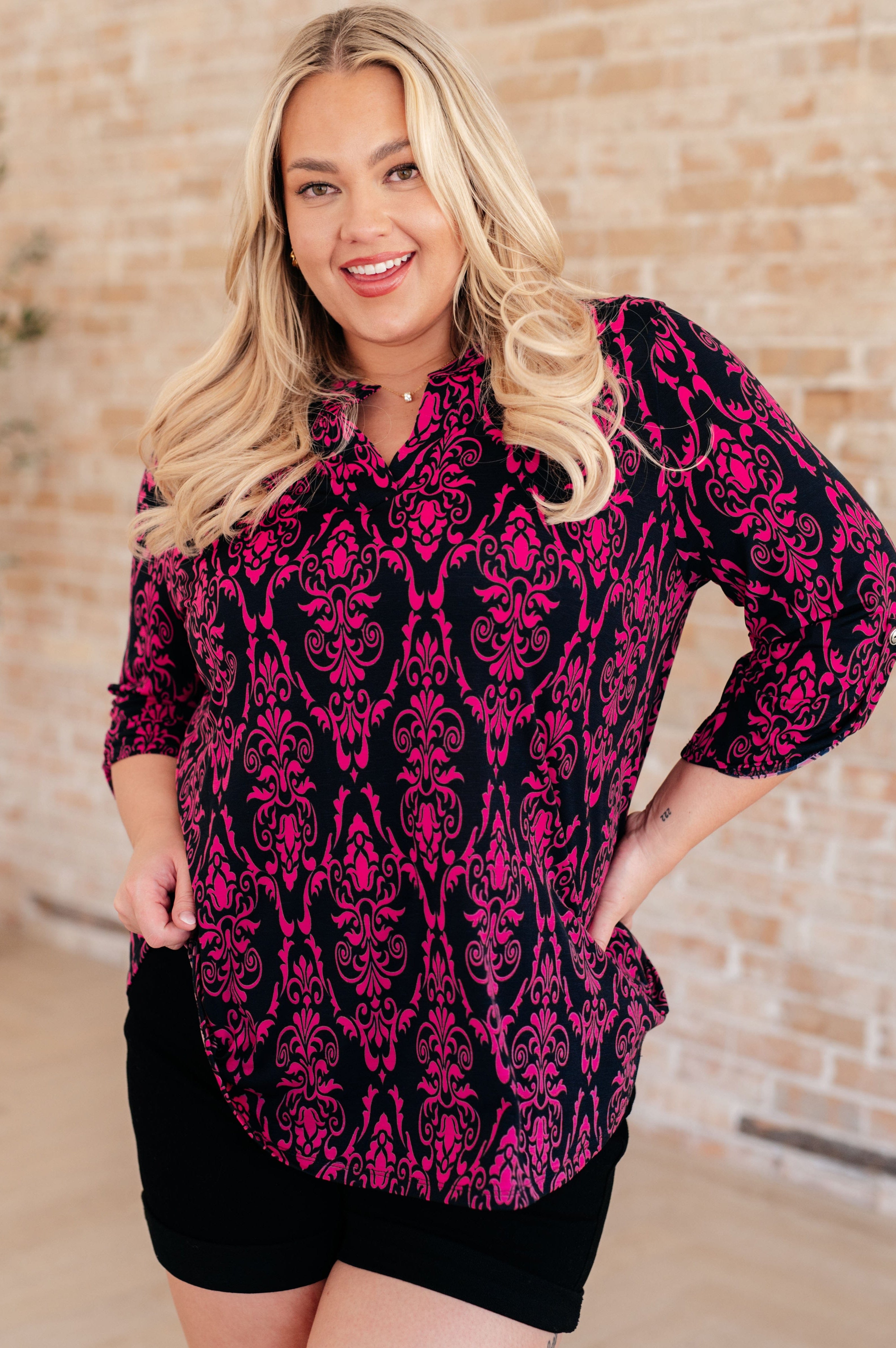 Lizzy Top in Navy and Hot Pink Damask-Tops-Stay Foxy Boutique, Florissant, Missouri