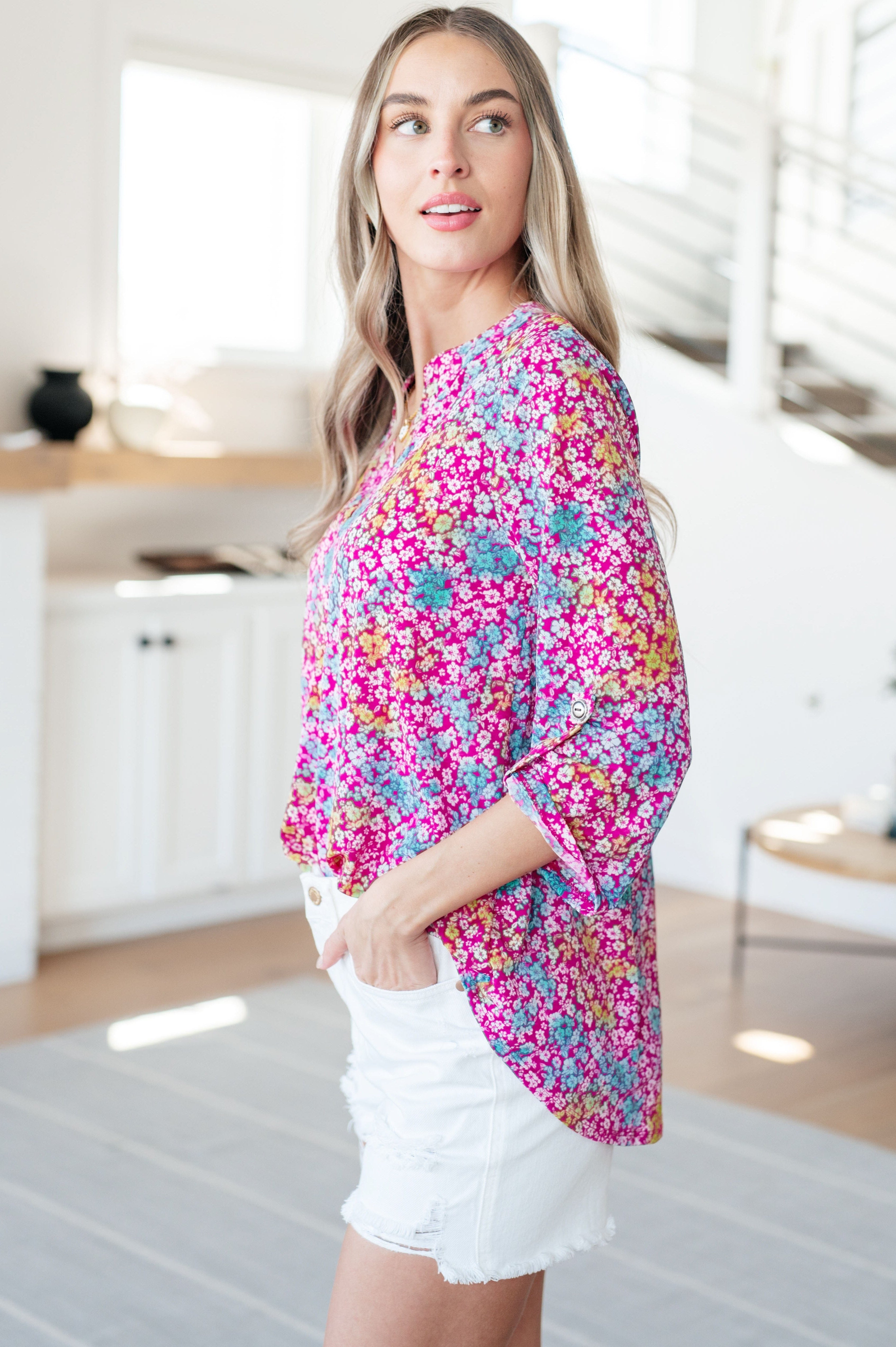 Lizzy Top in Pink and Aqua Ditsy Floral-Tops-Stay Foxy Boutique, Florissant, Missouri