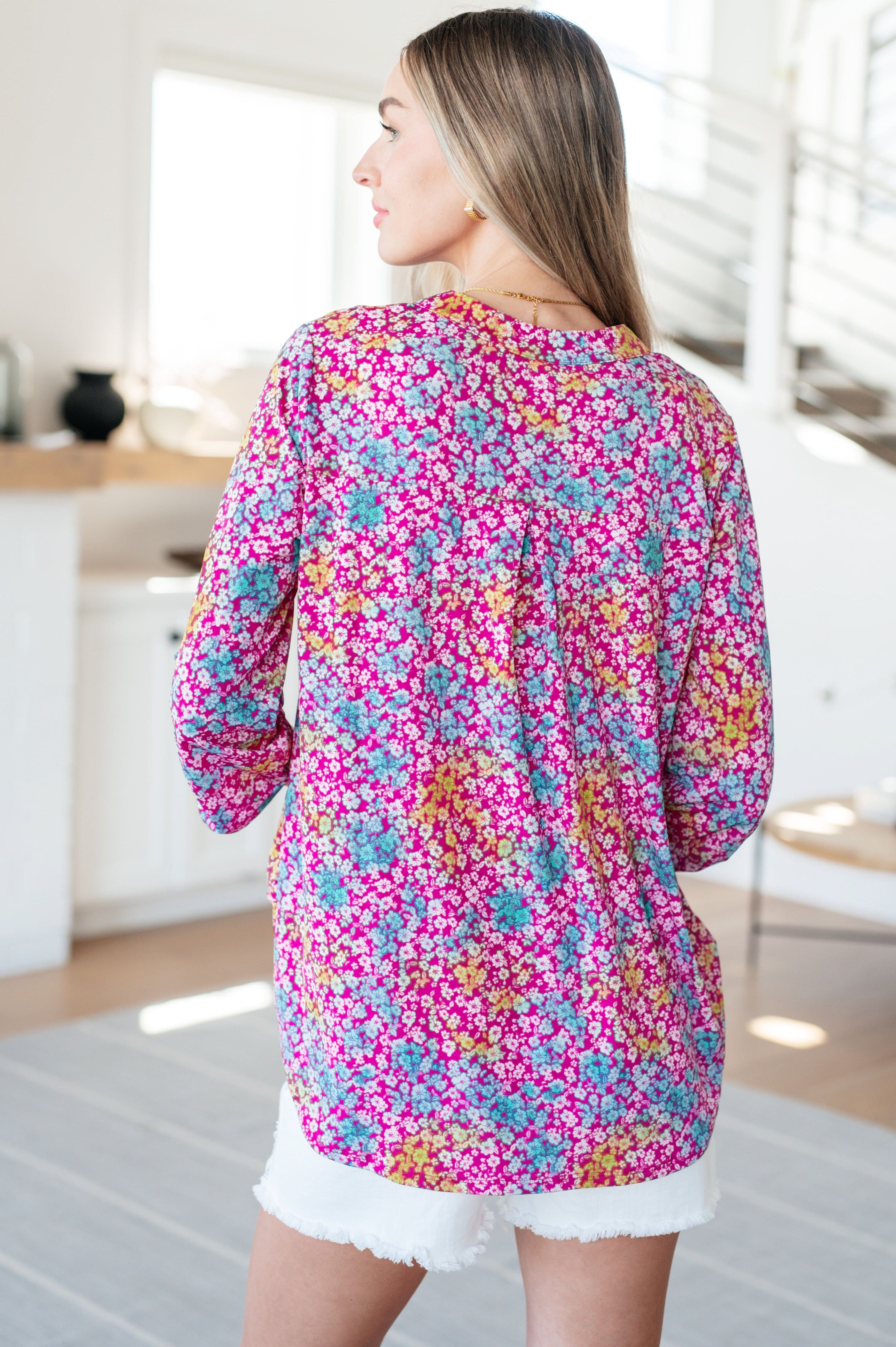 Lizzy Top in Pink and Aqua Ditsy Floral-Tops-Stay Foxy Boutique, Florissant, Missouri