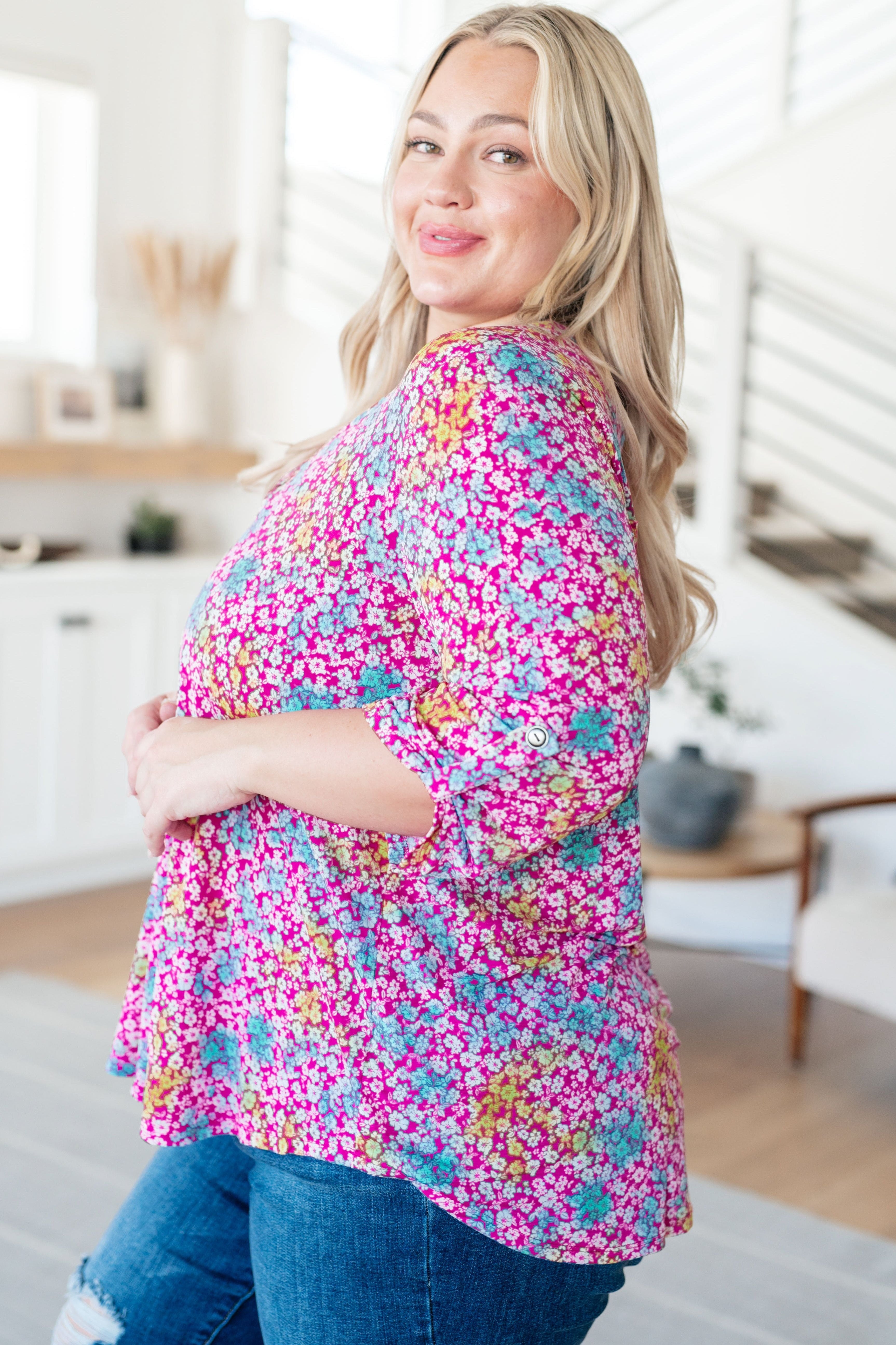 Lizzy Top in Pink and Aqua Ditsy Floral-Tops-Stay Foxy Boutique, Florissant, Missouri
