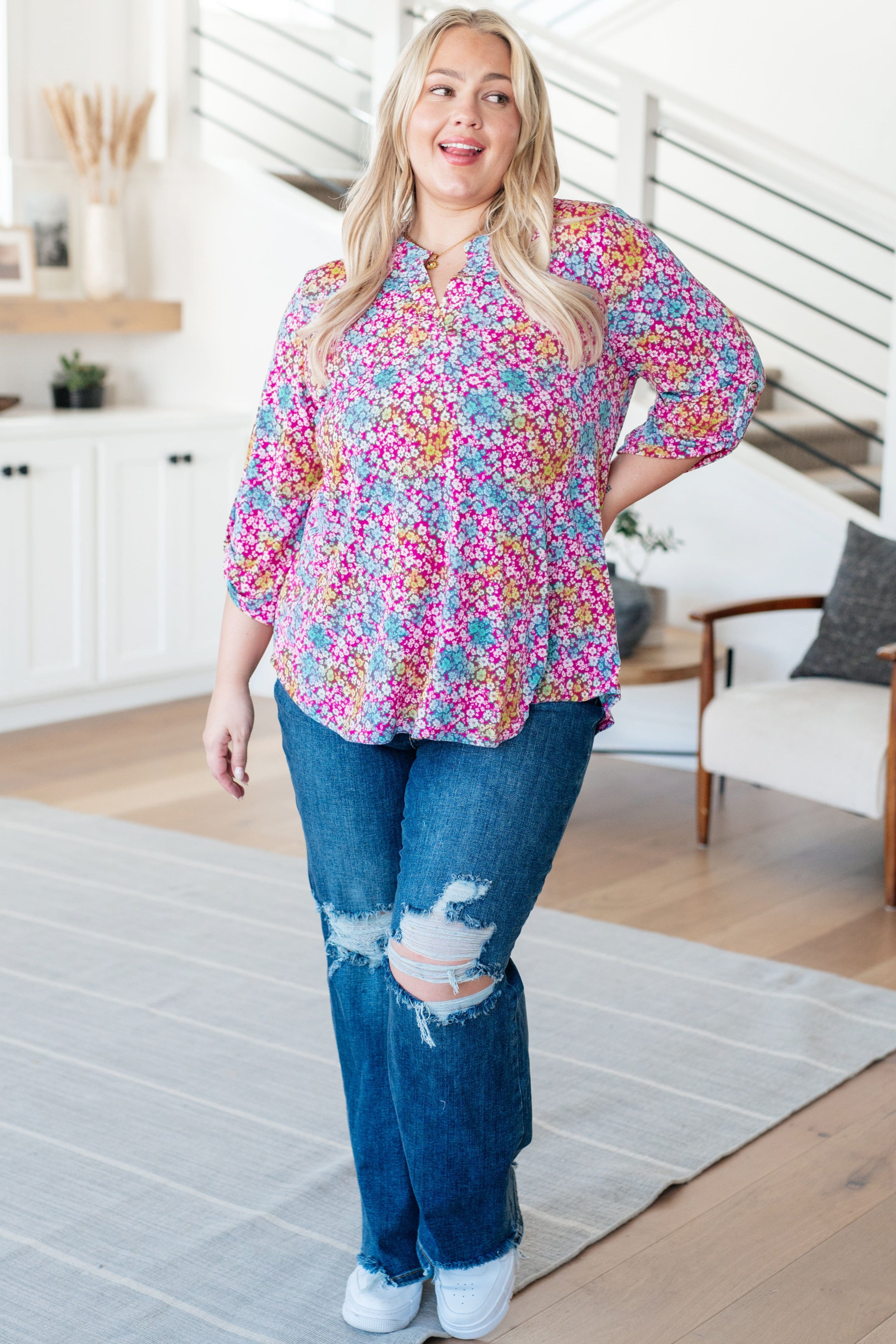 Lizzy Top in Pink and Aqua Ditsy Floral-Tops-Stay Foxy Boutique, Florissant, Missouri