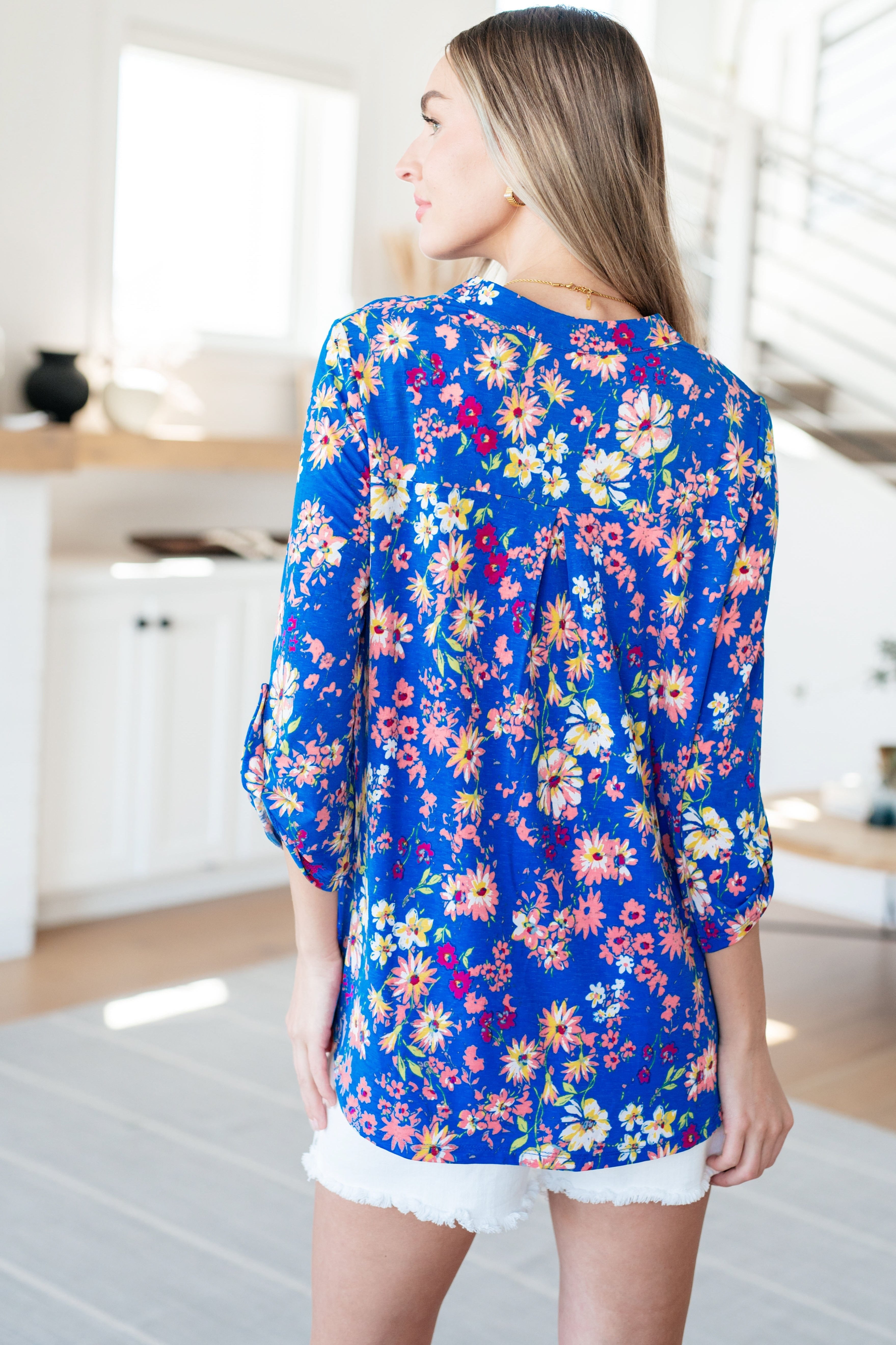 Lizzy Top in Royal and Blush Floral-Tops-Stay Foxy Boutique, Florissant, Missouri