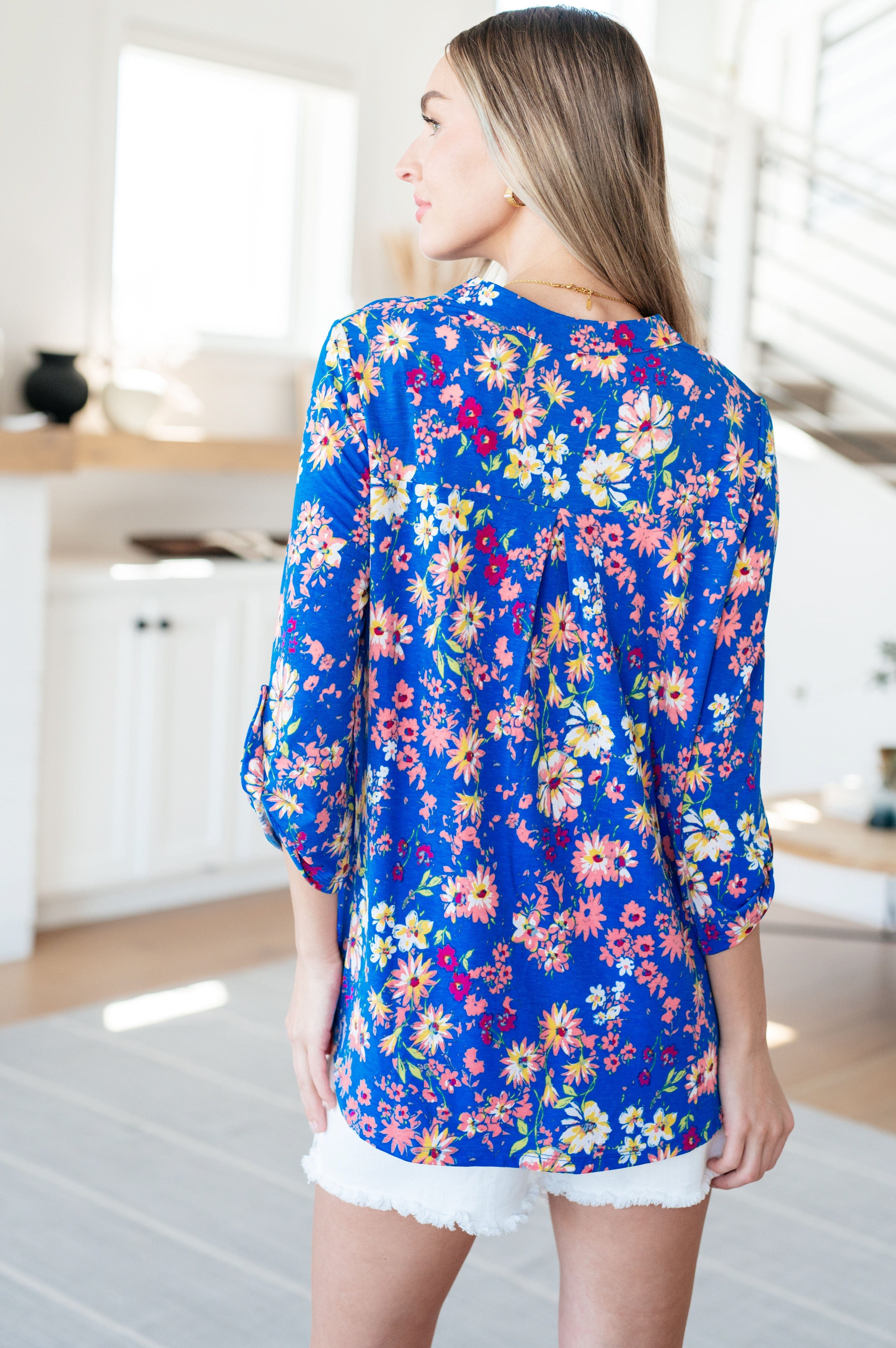 Lizzy Top in Royal and Blush Floral-Tops-Stay Foxy Boutique, Florissant, Missouri